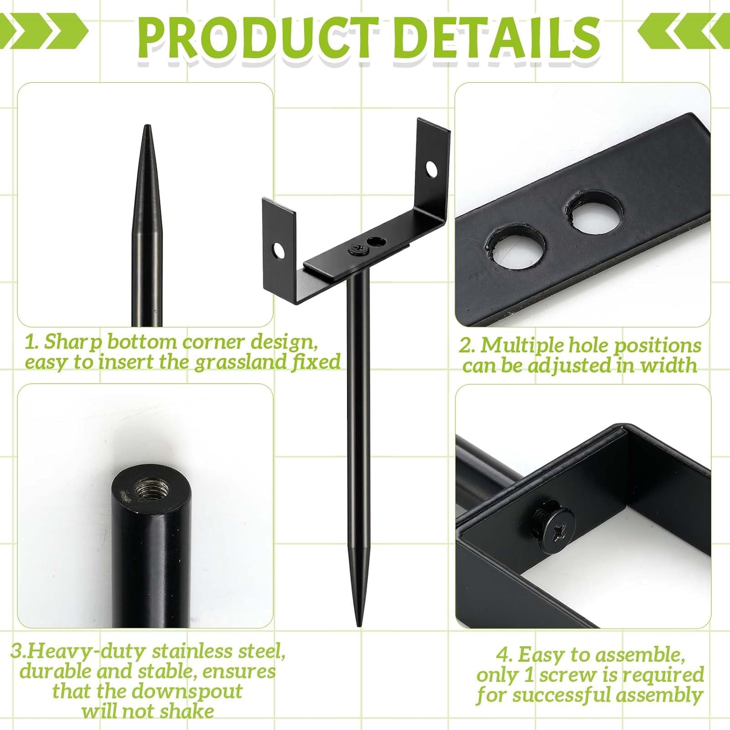 8 Pack Rainwater Downspout Bracket with Strap, Heavy Duty Adjustable Size Downpipe Bracket, Metal Gutter Downspout Holder Stake Stable Support, Easy Install, for Lawn Yard Industrial (Black)