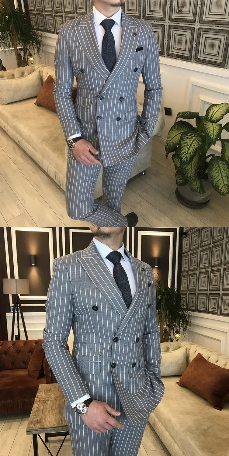 Uomo Stripe Due Pezzi Vestito Doppio Petto Bottoni Giacca e Pantaloni per la Cena