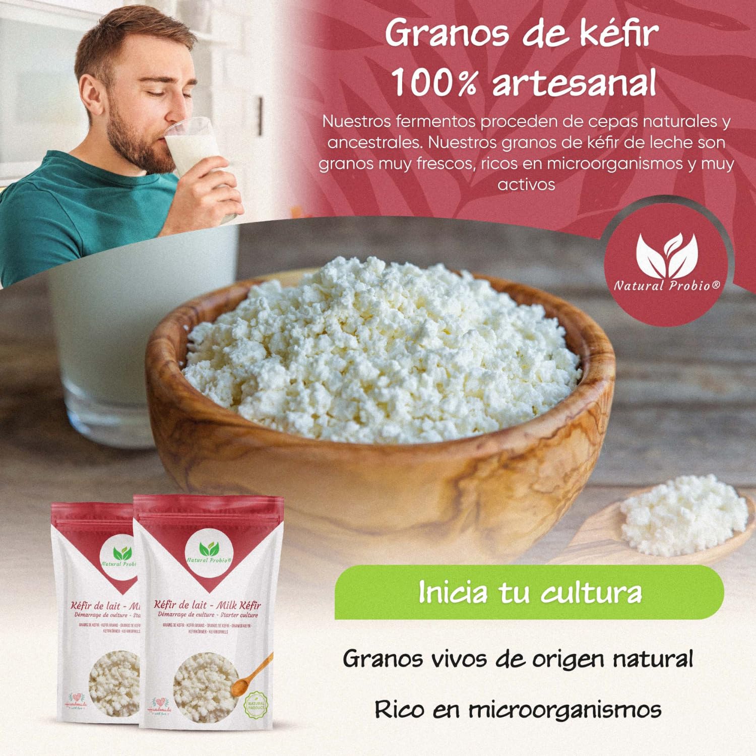 Natural Probio® Kéfir de leche, kit de inicio de cultivo de granos fermentados lácticos naturales, con leche certificada sin OGM, probiótico natural, instrucciones, receta y consejos (10g)