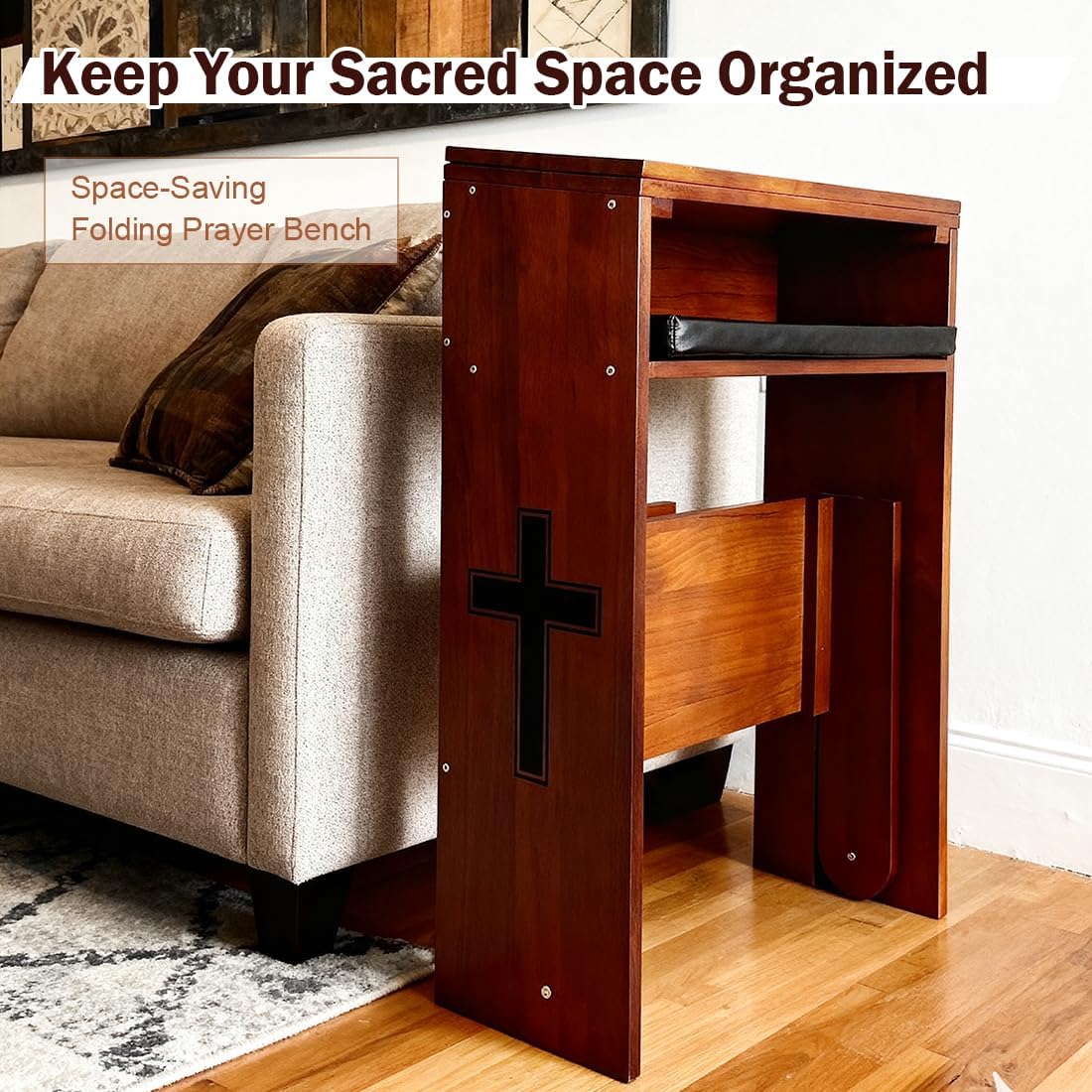 Wooden Prayer Kneeler with Storage Shelf & Cushion - Folding Prayer Bench for Home and Church, Comfortable Kneeling Devotional Pew Bench, 32" H x 22" W