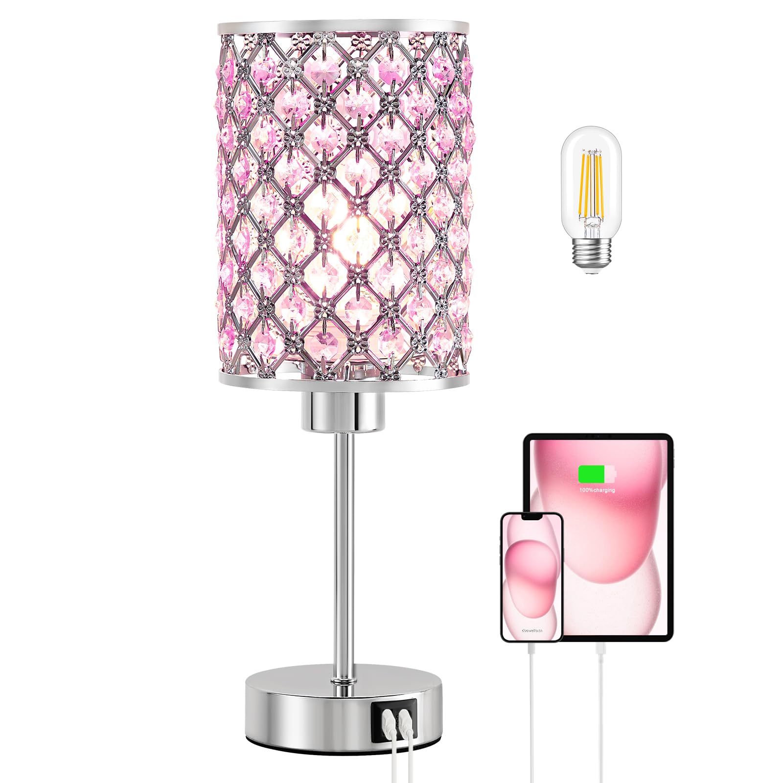 GyroVu Crystal Table Lamp, Pink Lamp with USB C+A Ports