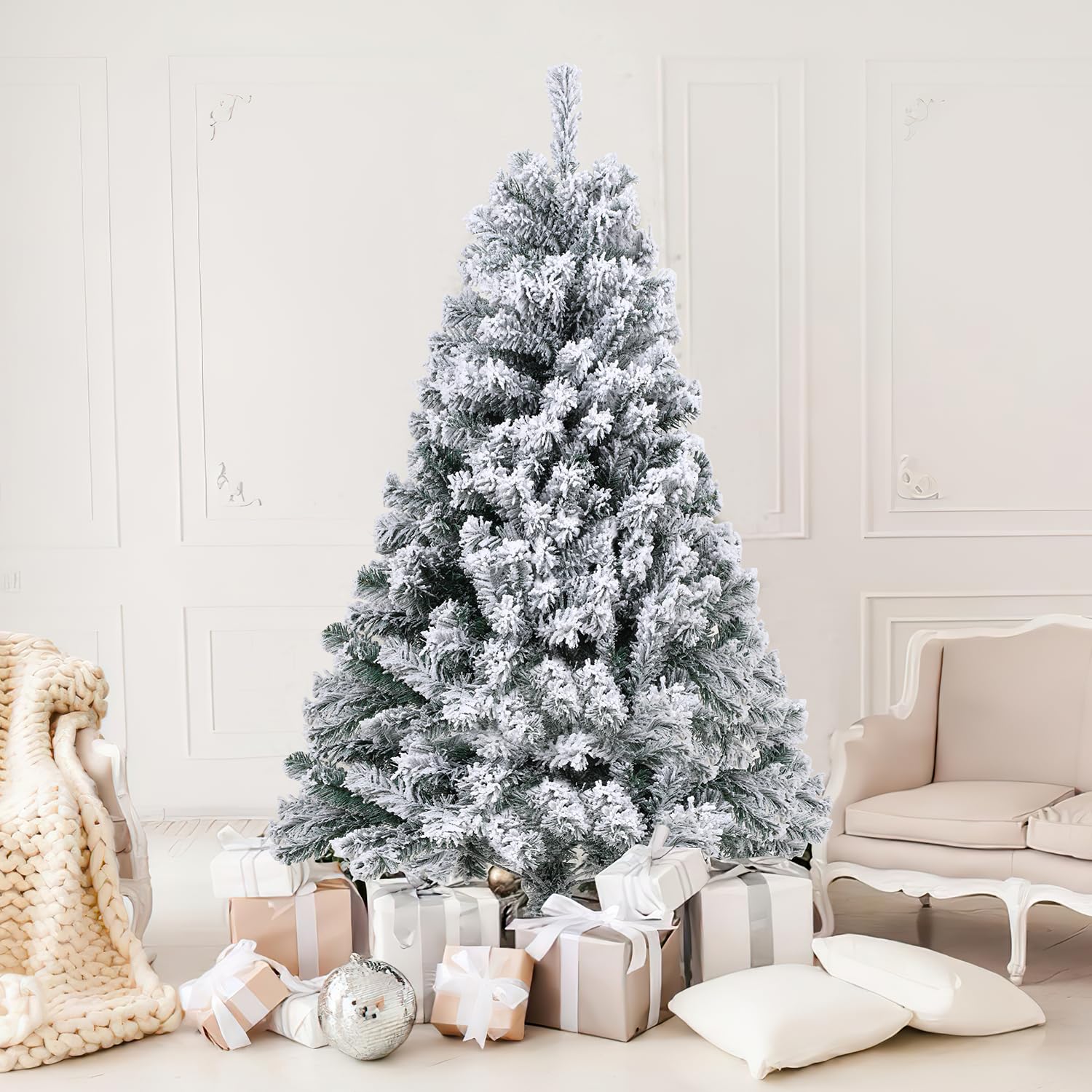 Jopassy Albero di Natale artificiale con neve, 150 cm, albero di Natale artificiale, 550 punte, montaggio rapido, sistema di schermatura pieghevole, resistente al fuoco, con supporto per albero di