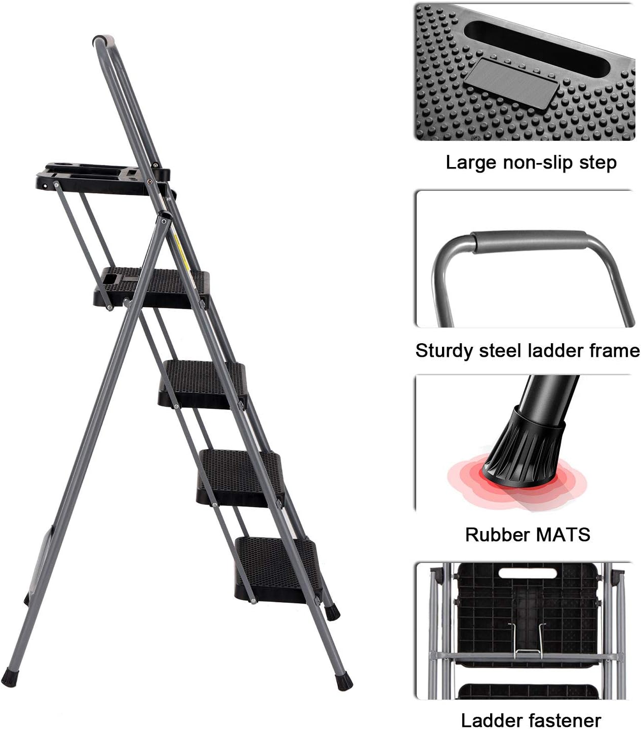 WiberWi 4 Step Ladder with Handrails Folding Step Stool with Tool Plateform, 330 lb Capacity Step Stools for Adults Portable Ladder for Home Kitchen Steel Frame with Non-Slip Wide Pedal, Grey