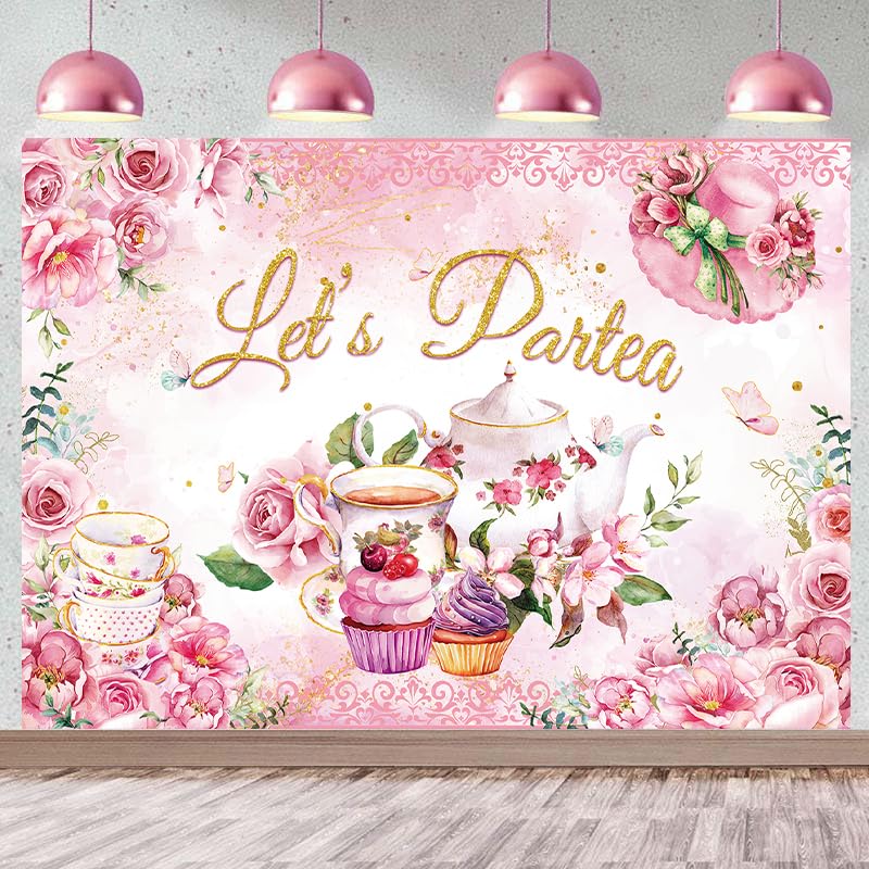 Let's Partea Backdrop 8x6FT Pink Floral Afternoon Tea Party Photography Background for Mother's Day Birthday Party Cake Table Decoration Supplies