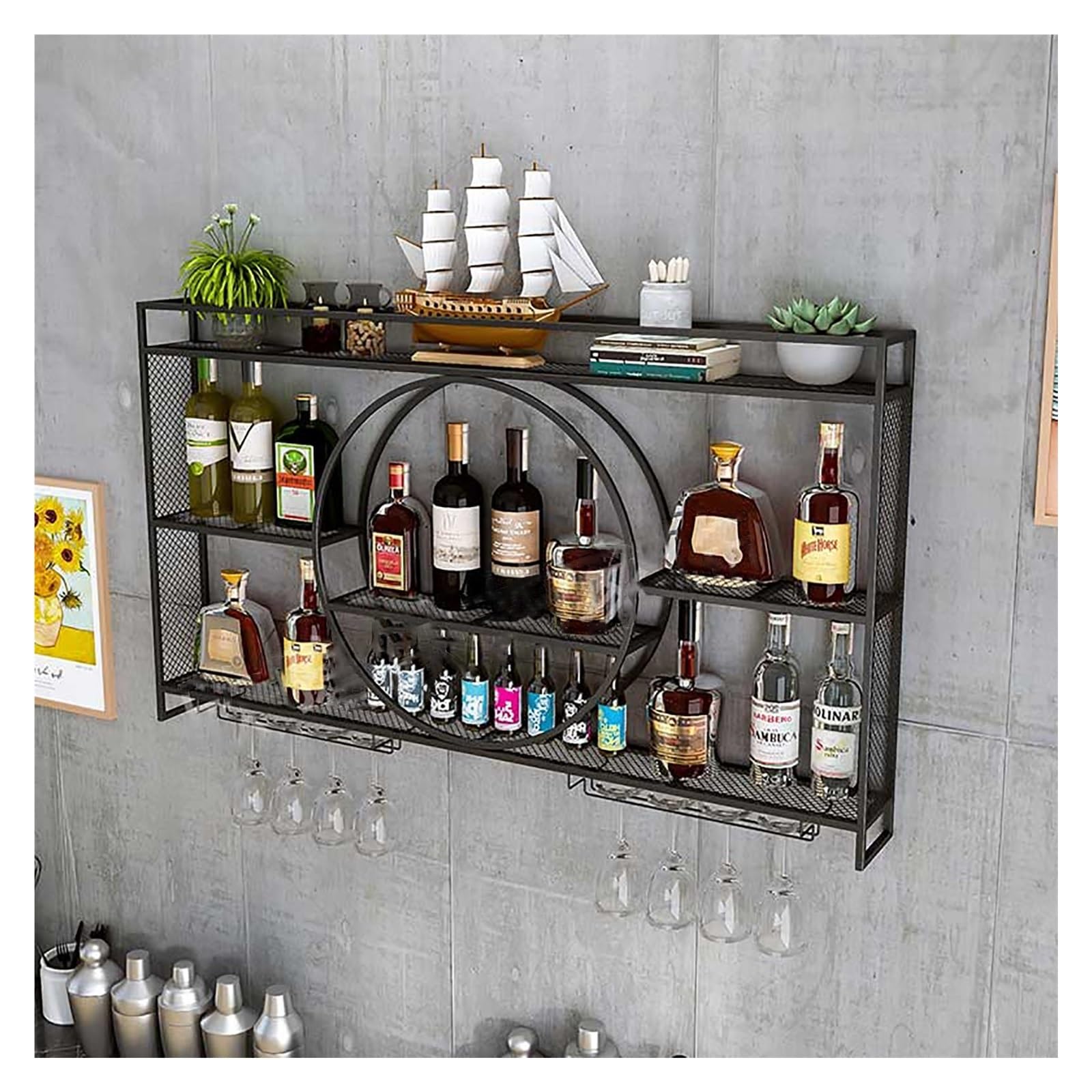 Étagère à vin murale avec LED et porte-verre en métal noir pour bar et salon