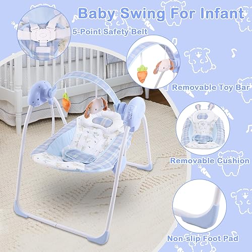 Miniatura 8 de Columpio de bebé para bebé, columpio para recién nacido con música, 5 niveles de velocidad, ajuste de tiempo, cojín suave, columpio plegable para