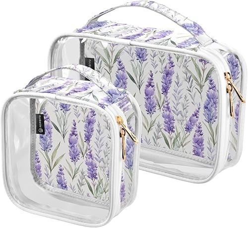 Neceser transparente acuarela morado lavanda para viajar, paquete de 2 bolsas de cosméticos de maquillaje con cremallera, bolsa de viaje para