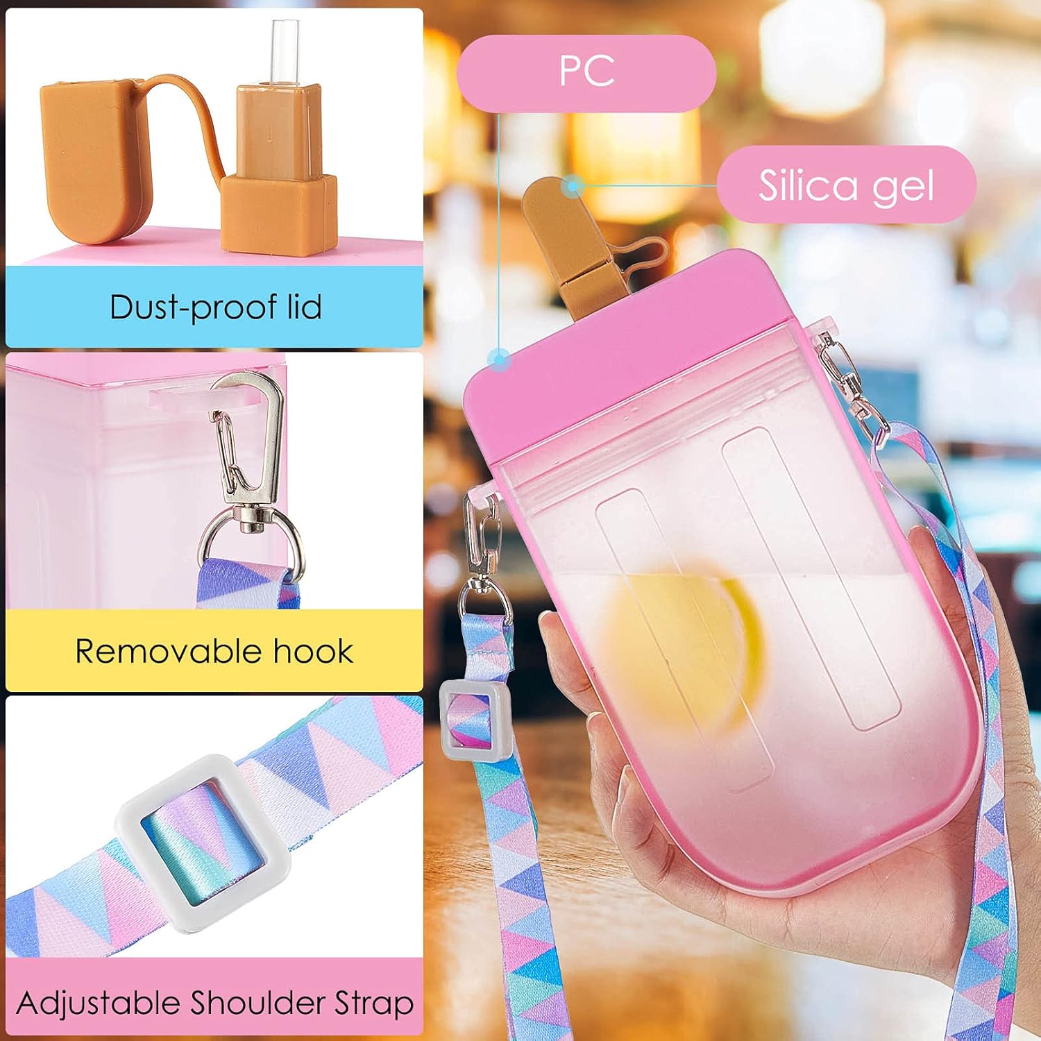 Cunhill 4 Pieces Ice Cream Water Bottles with Strap Kids End of Year Gift for Student Kawaii Drinking Purse Ice Bar Transparent Jug Cup for Camping Sports Shopping