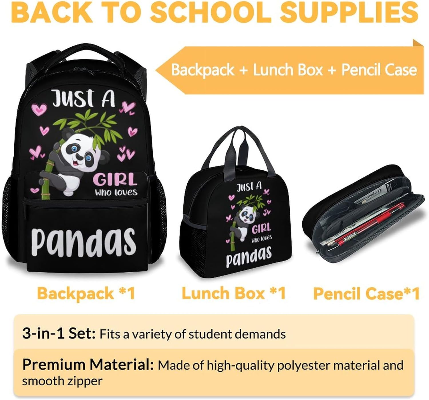 Mercuryelf Panda Girls Backpack with Lunch Box Set, 3 in 1 School Backpacks Matching Combo, Cute Black Just a Girl Who Loves Pandas Bookbag and Pencil Case Bundle