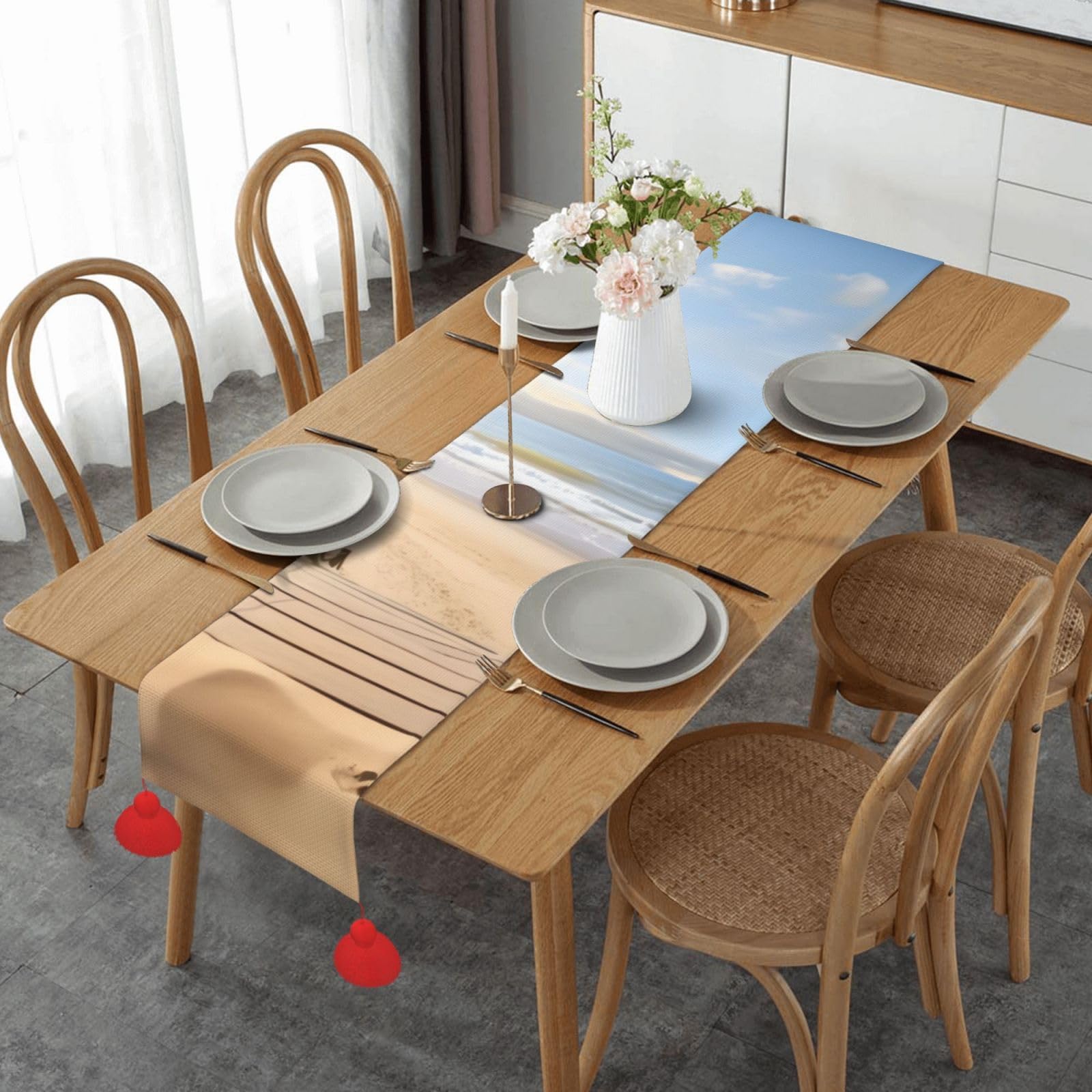Chemin de table de Noël en lin 35x152 cm avec pampilles pour table de salle à manger