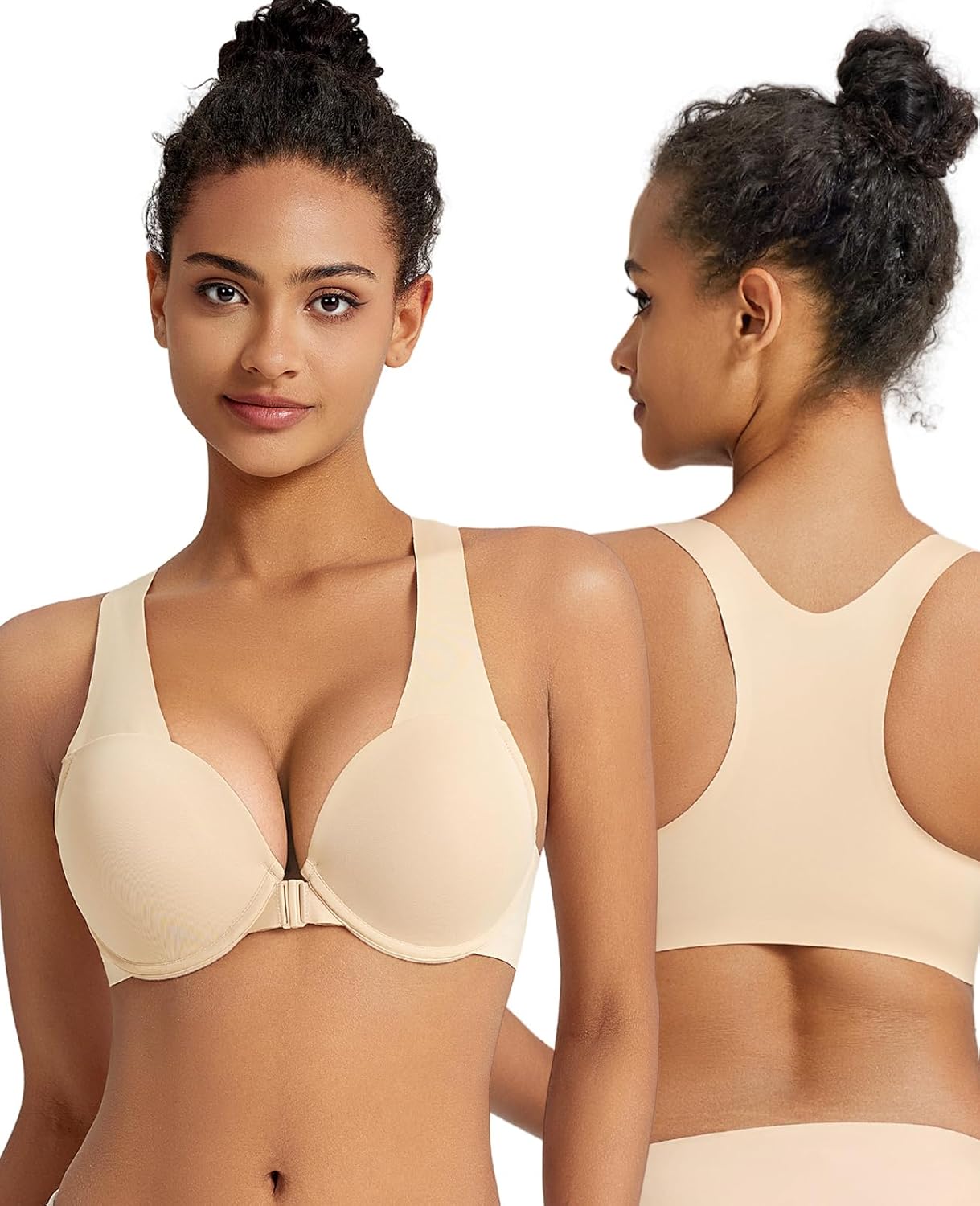 Push Up Bra Super Padded Seamless Racerback Front Closure Deep Plunge Underwire Bras for Women