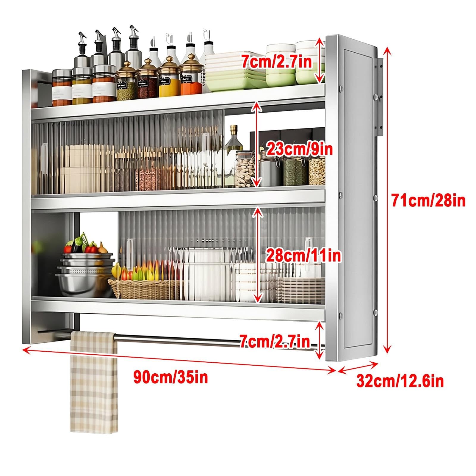 Placard Salle de Bain, 3 Niveaux Meuble Haut de Cuisine, Acier Inoxydable