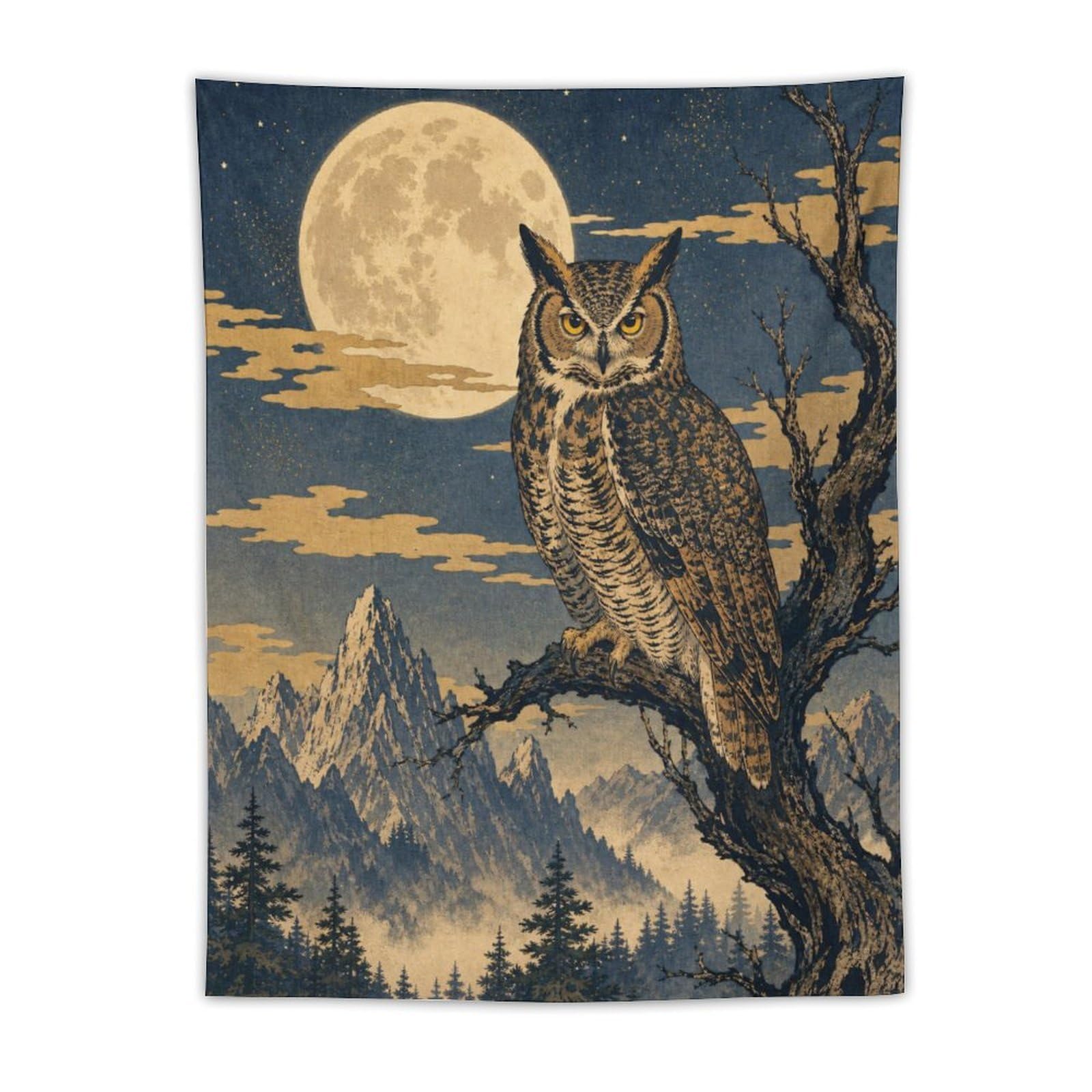 W7C8U2X3 Moon Owl on Branch Wall Tapestry, Realistic Illustration, Bedroom