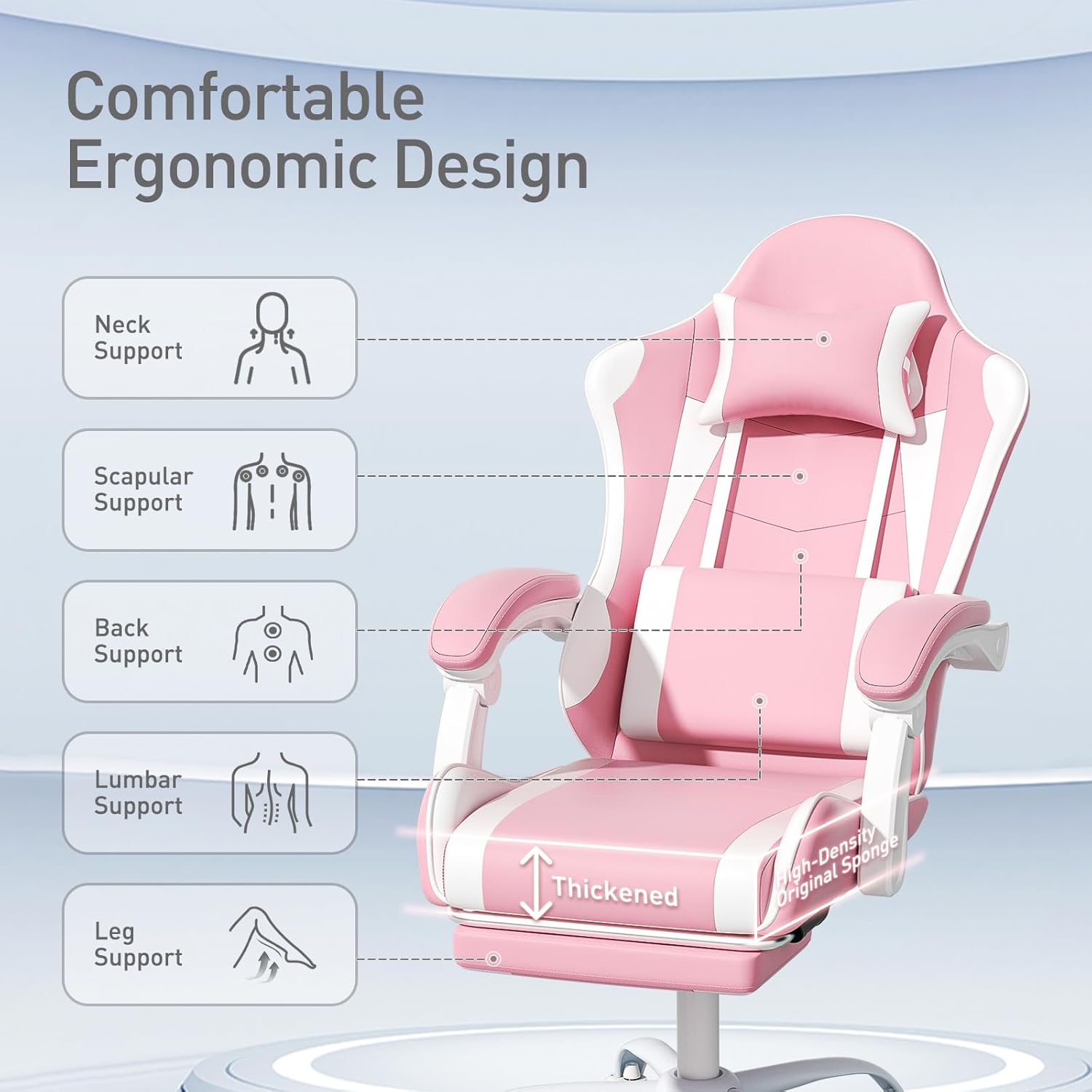 MoNiBloom Pink Gaming Chair with Headrest & Lumbar Support, Ergonomic Computer Desk Chair with Footrest, Adjustable Height Leather Racing Chair for Adults Teens Women Girl Gamer Office