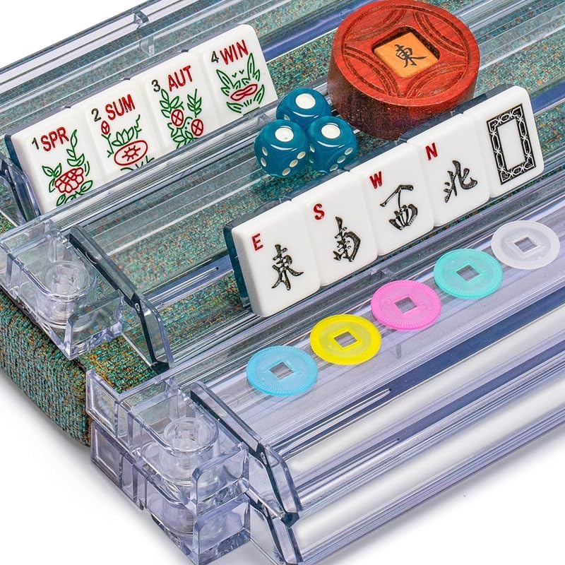 Mahjong All-in-One Tile Rack & Pusher, Clear Acrylic Mahjong Rack and Pusher Combo, Modern American Majiang Tile Racks Set of 4 (Clear)
