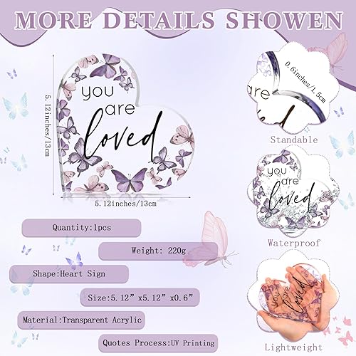 Miniatura 2 de Yulejo Regalo de San Valentín con texto en inglés "You Are Loved", decoración de acrílico en forma de corazón con mariposas rústicas, mesa de