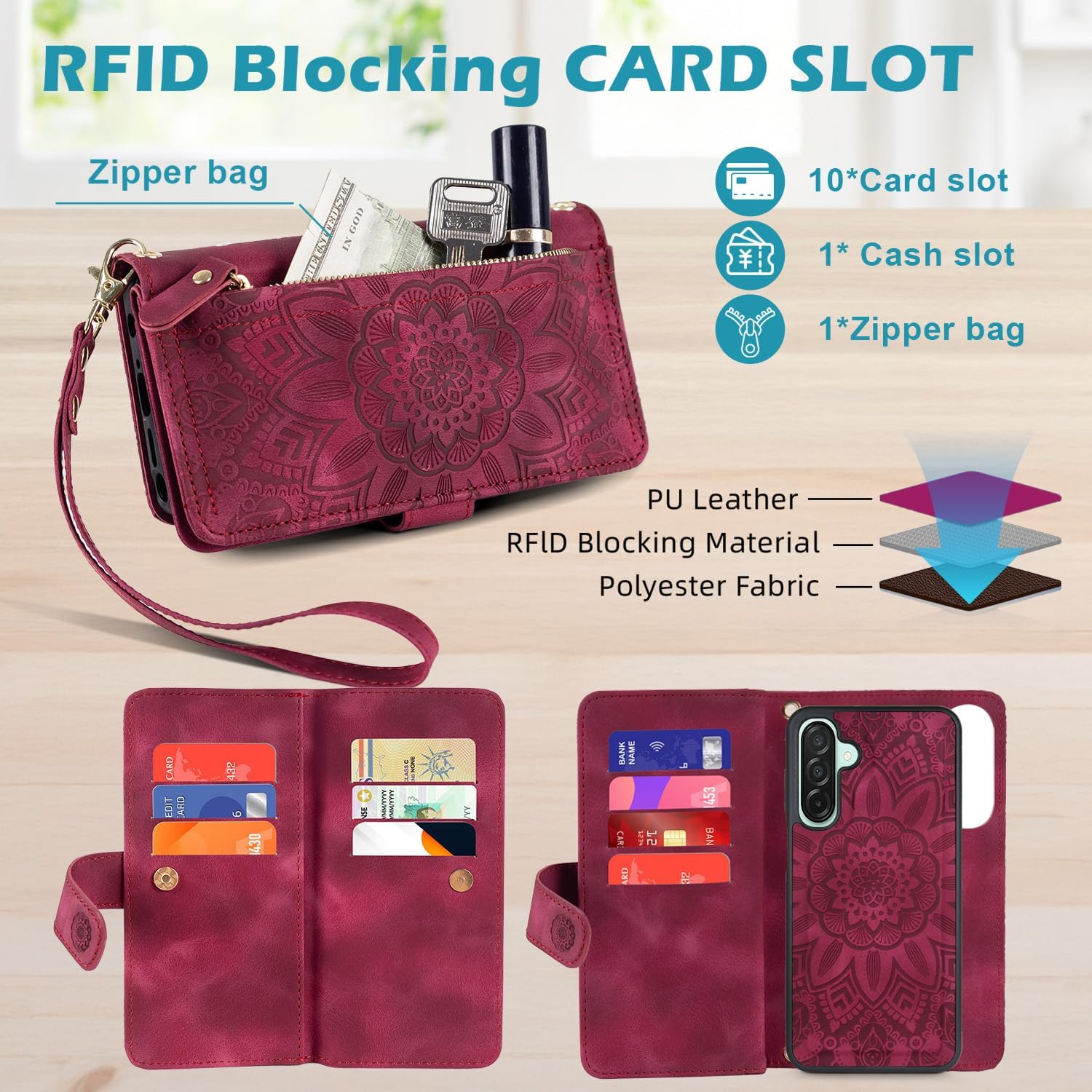 Harryshell Detachable Magnetic Phone Case Compatible with Samsung Galaxy A26 / A17 Wallet [ RFID Blocking ] Card Slots, Cash Zipper Pocket Wrist Strap Lanyard (Floral Wine Red)