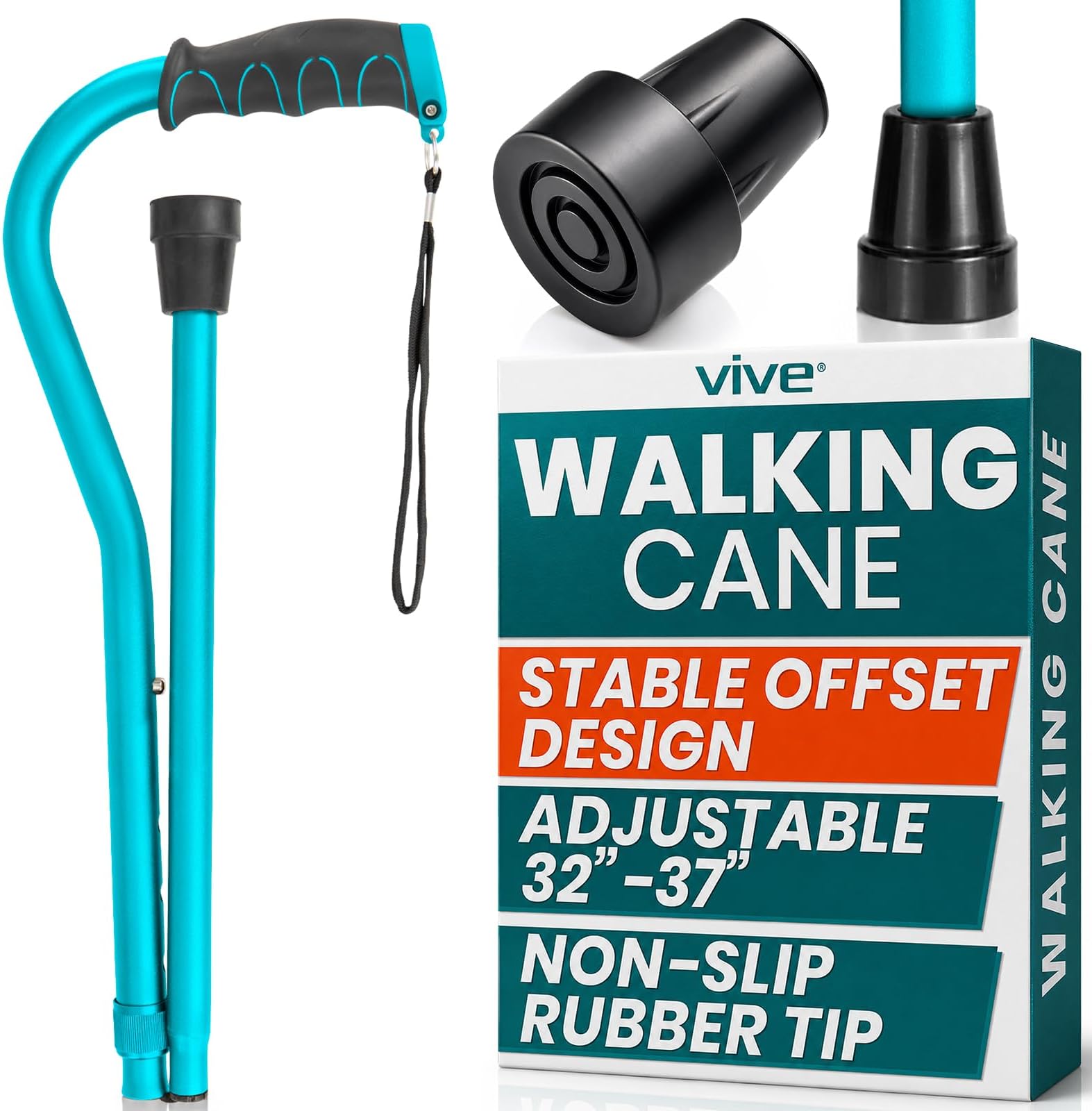 Vive Walking Cane for Women, Men, Elderly - Patented Offset Grip - Lightweight Adjustable Walking Aid with a Non-Slip Tip - Sturdy Balancing Mobility Aid for Seniors