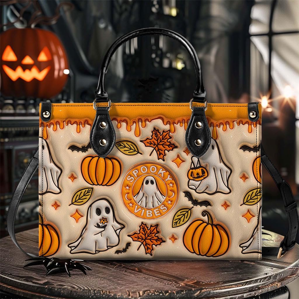 Spooky Vibe Print 3D Inflated Leather Handbag, Leather Wallet, Halloween Gift, Halloween Tote Bag for Women Holiday Gifts for Daughter Ladies Friend Coworker