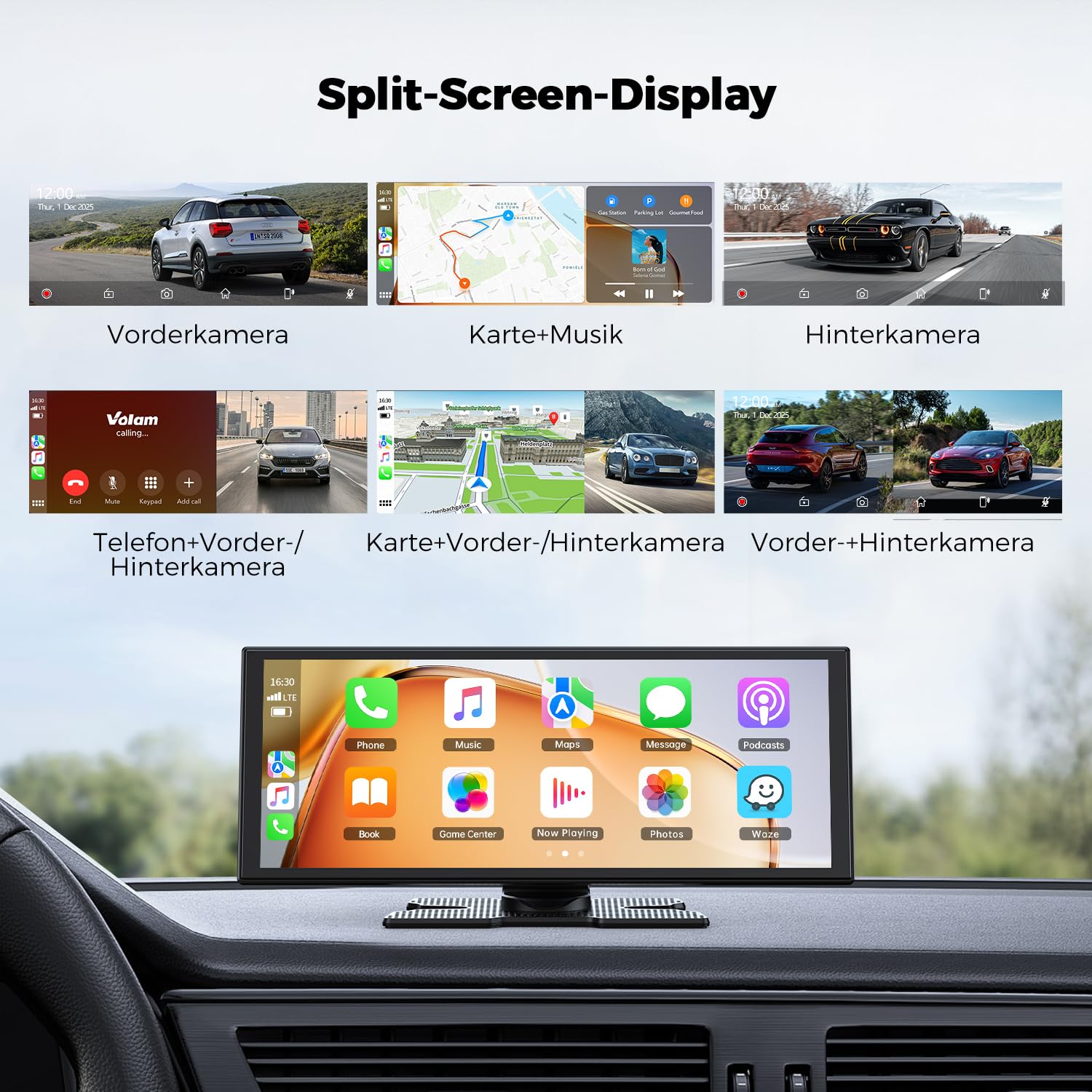 Écran Voiture 10,25 Pouces Carplay sans Fil avec Caméra de Conduite 2,5K + 1080P Compatible AppIe Carplay et Android Carplay Portable Autoradio Assistant Navigation 64GB TF Mirrorlink Bluetooth AUX