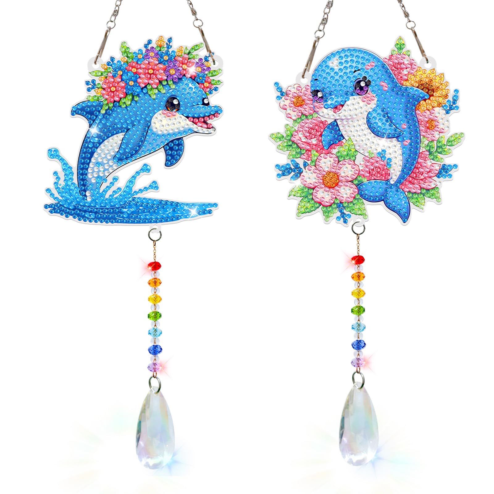2PCS Diamond Art Wind Chime Suncatcher Kit for Adults – DIY Double-Sided Rhinestone Hanging Craft, Gem Art Garden Window Home Decor Gift 4.4x4 Inch(Dolphin)