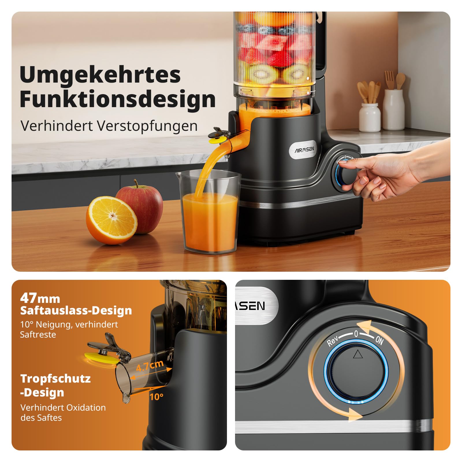AIRMSEN Entsafter Slow Juicer mit 147mm Extra Großem Einfüllschacht, 2,1L Kapazität, 300W Motor, 7+1 Stufen Verbesserte Slow-Spirale, Hohe Saftausbeute für Ganze Früchte und Gemüse