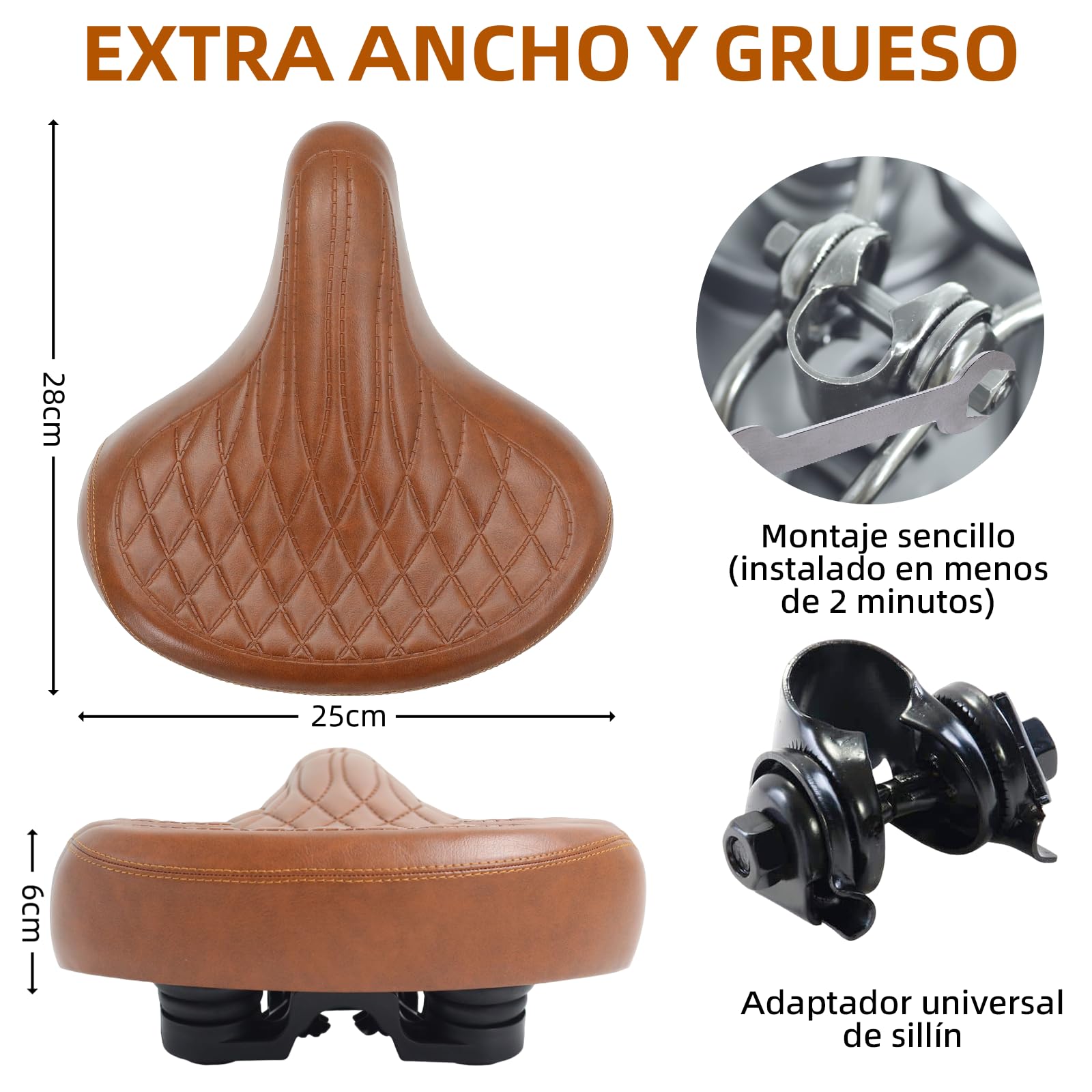 Sillín de bicicleta universal, ancho y cómodo, unisex, retro, apto para bicicletas de montaña, bicicletas de ciudad, bicicletas eléctricas, color marrón