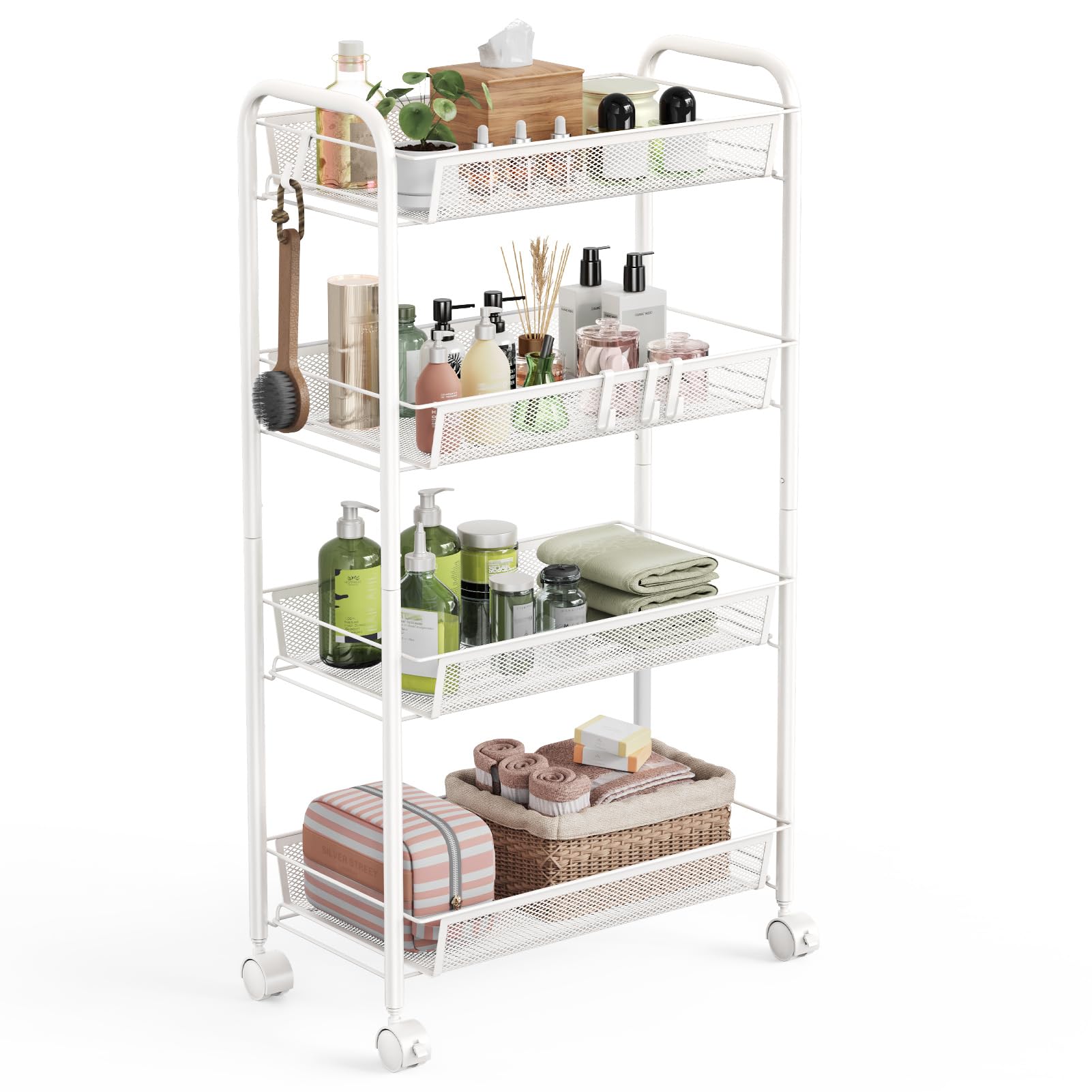 WELDUN 4 Tier Storage Trolley, Rolling Cart, Mesh Storage Cart, Mobile Storage Trolley, Bedroom Kitchen Bathroom Living Room Storage Cart, Metal, White — image 1