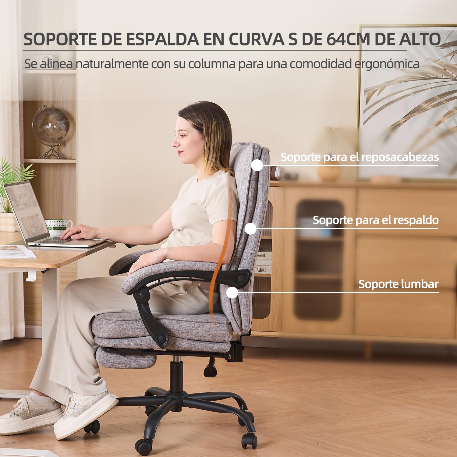 MZLEE Silla Escritorio con Reposapiés, Silla Oficina Reclinable, Gris