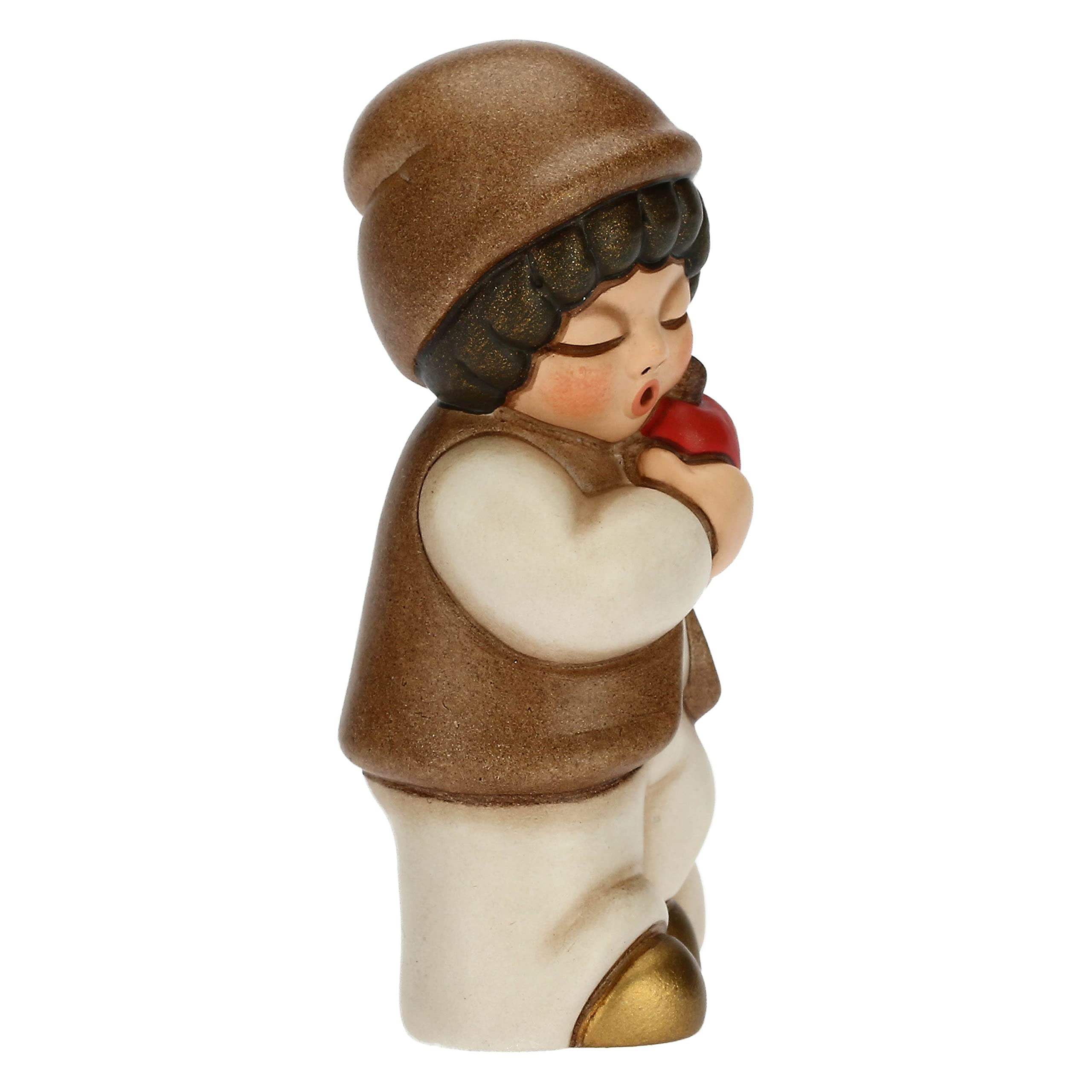 THUN - Presepe 2022 - Statuina Presepe Bimbo con Mela in Ceramica Decorata a Mano, Versione Vestito Bianco - Linea Presepe Classico - 4,3x3x6,5 cm h