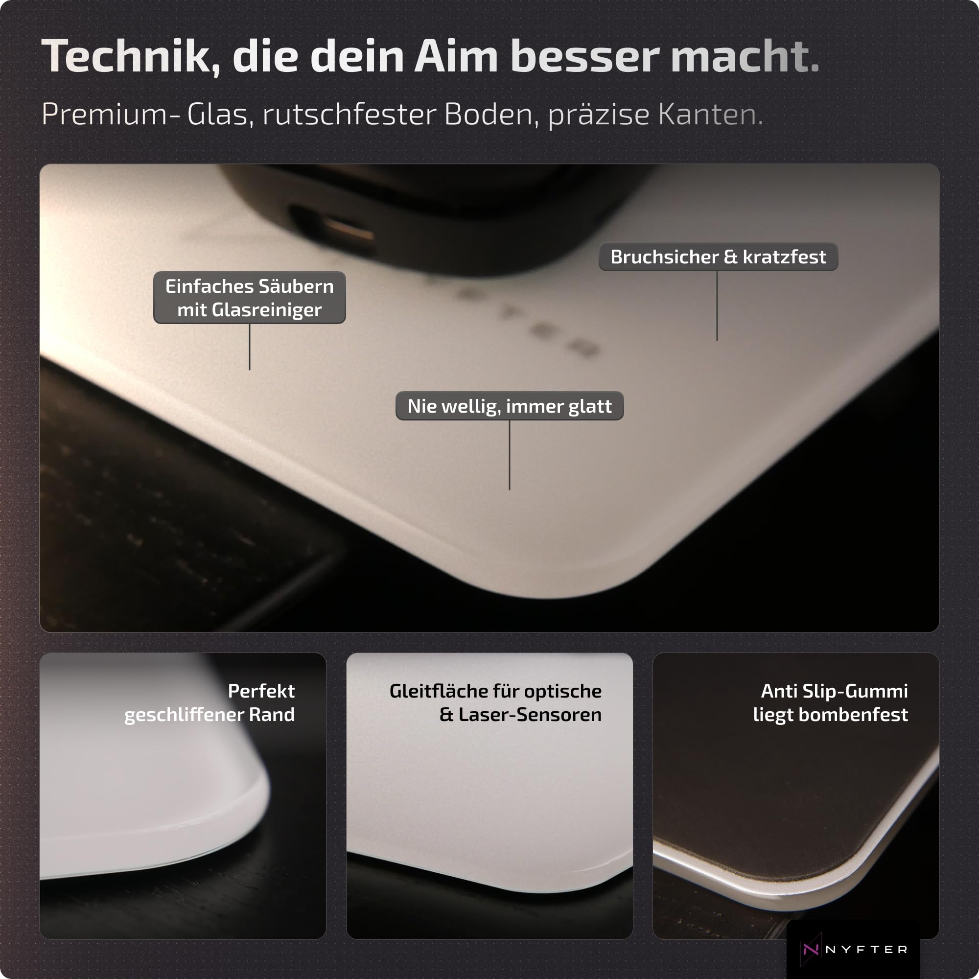 Nyfter Glas Gaming Mauspad 50x50 – Ultra-Präzise Oberfläche, Gehärtetes Glas, Vollsilikon-Anti-Rutsch, Abgerundete Kanten, Perfekter Glide – Premium Mouse Pad/Glasspad für Esports & Gaming (Sakura)