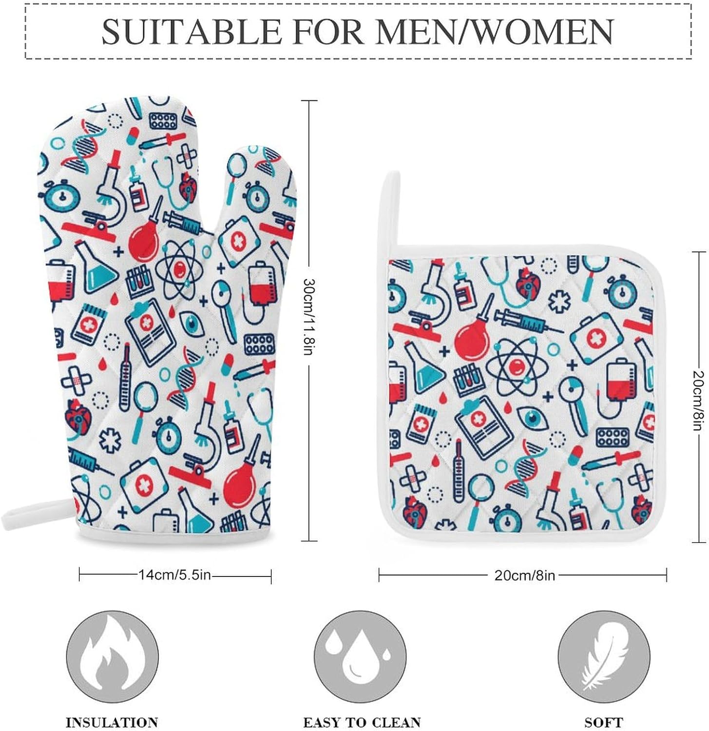 Nurse Medical Print Oven Mitts and Pot Holders 3 Piece Sets Heat Resistant Gloves Hot Pads Potholders for Kitchen Baking Cooking