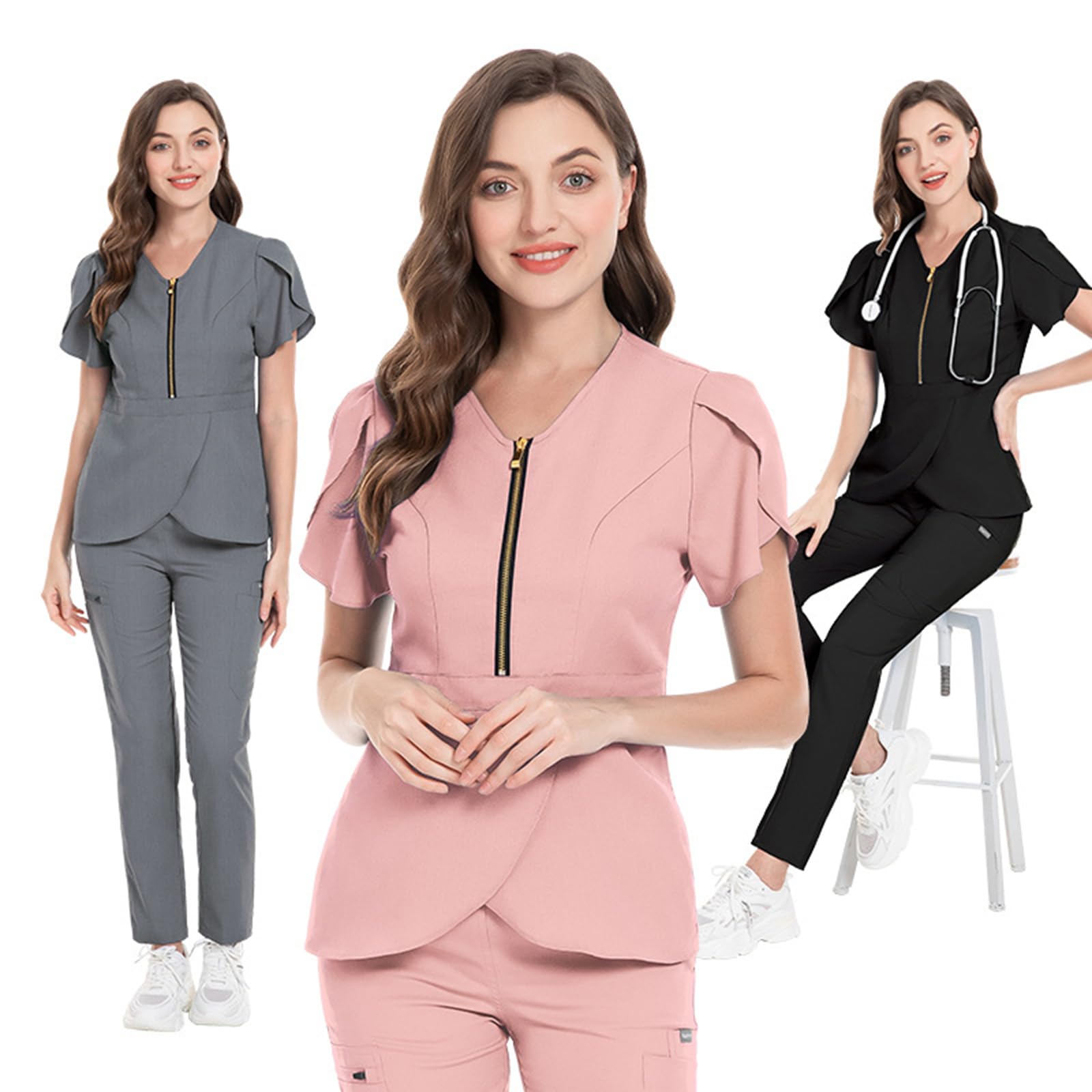 Uniforme Unisex Infermieri, Uniforme Sanitaria Donna Colletto Rialzato Abbigliamento Medico Scollo a V con Tasca Adatto a Medici e Infermieri