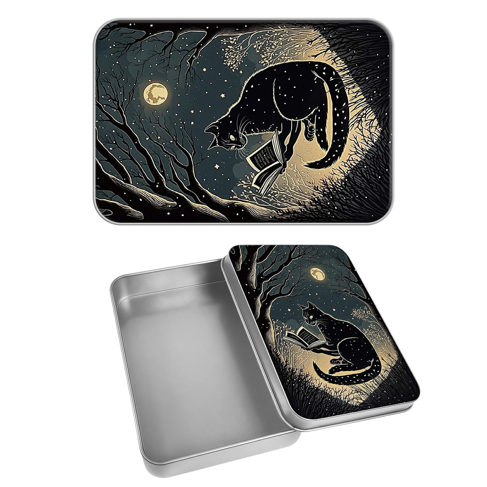 Rectangular Metal Tin Box with Removable Lid, Black Cat Moons Decorative Printed Metal Storage Container for Cash Ticket Credit Card Check 3.46 x 2.36 x 0.7 inch– Single Pack