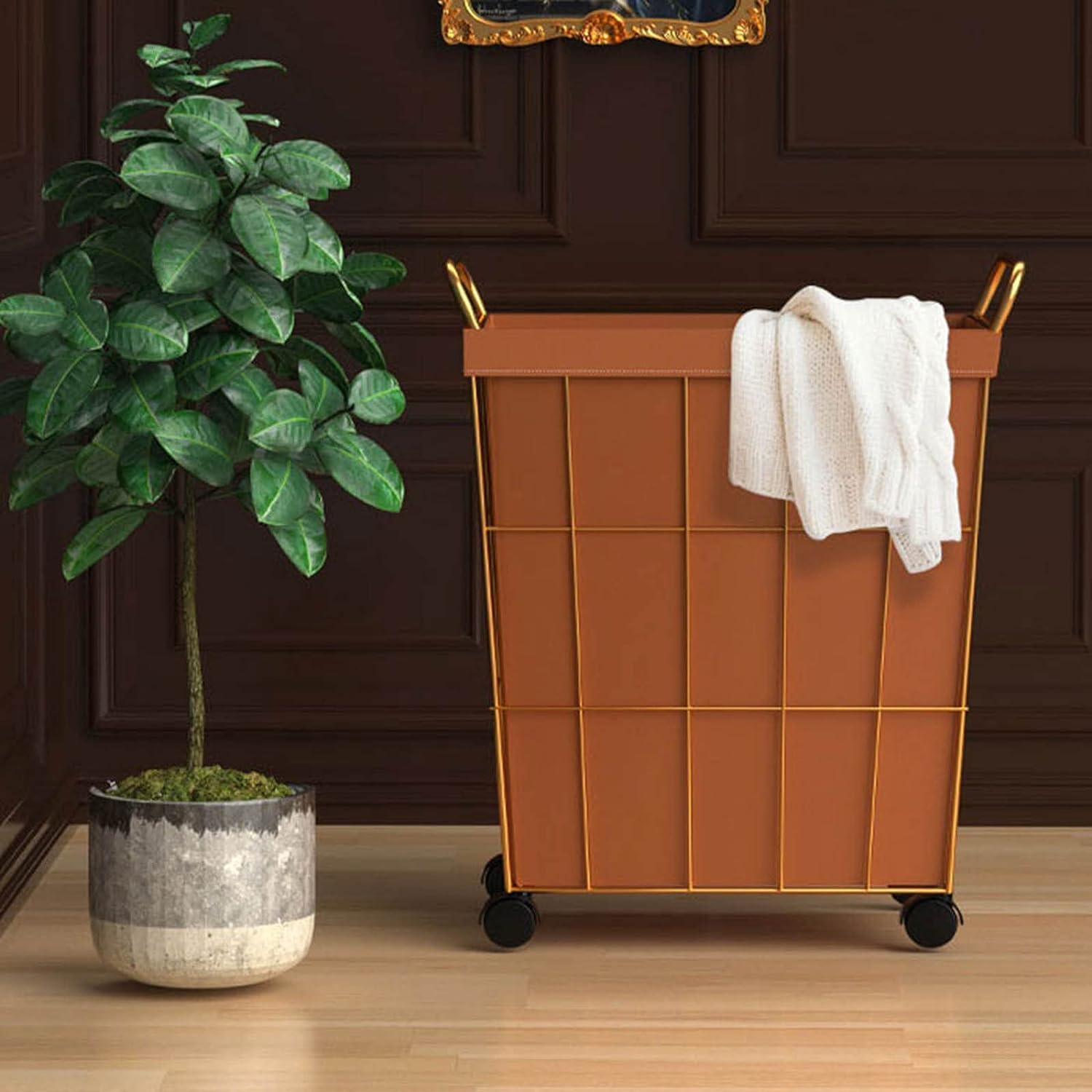 Kosz na Pranie Wasmand van ijzerdraad op wielen, rollende wasmand met lederen voeringzak en handvat, goudkleurige metalen frame wassorteerder met deksel voor slaapkamer Pojemnik