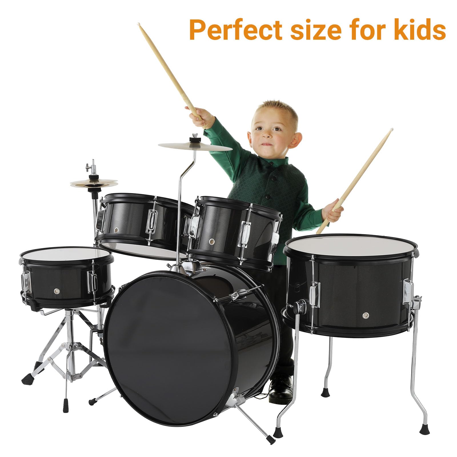 5-Teiliges Kinder-Schlagzeug, e-Drums Set, Junior-Schlagzeugset Mit Bassdrum, Snare, 2 Toms, Becken, Hi-Hat, Hocker, Trommelstöcken Und Pedalen, Musikalisches Geschenk Für Anfänger Ab 4 Jahren