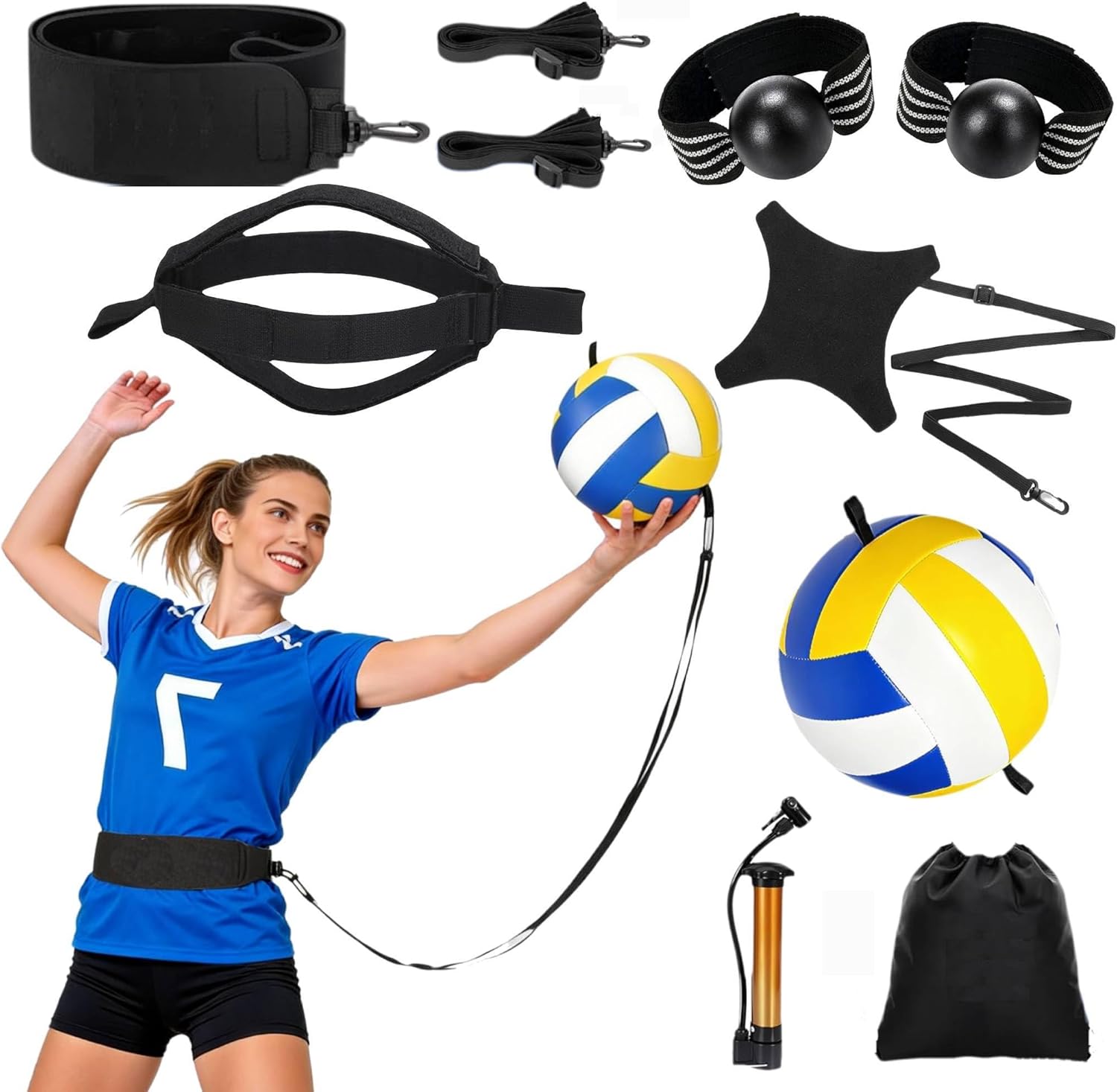 Volleyball Training Equipment Aid Set, 8 Pcs Indoor Outdoor Solo Practice Kit with Training Volleyball, Belt, Trainer Aids for Serve, Spike, Pass Practice, Ideal Gift for Girls and Beginners