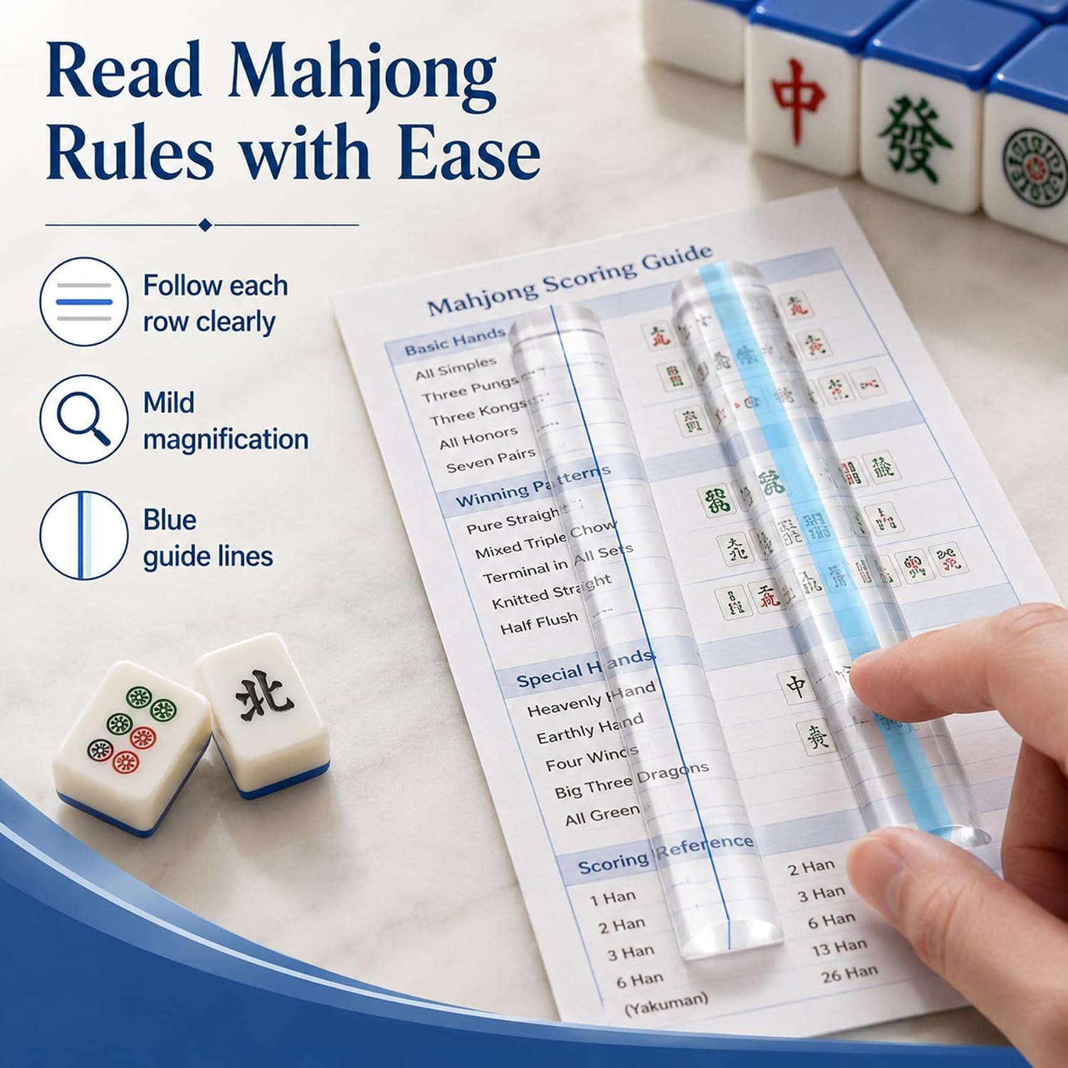 Mahjong Magnifying Mirror Reader with Guide Lines for Mahjong Rules Card Readers 2 Pack Player Accessories (Blue) image 4