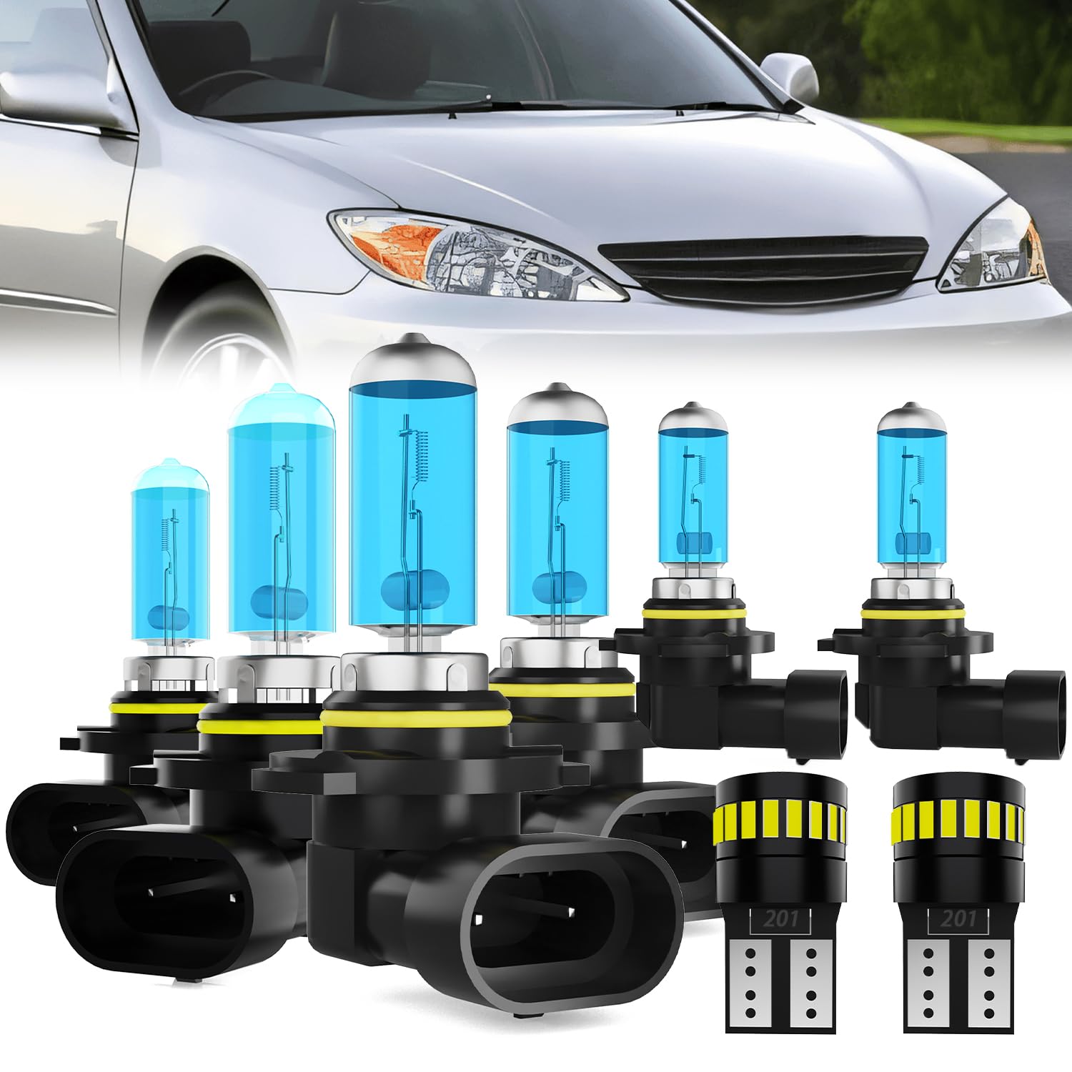 Headlight Bulbs License Plate Lights Fit For Toyota Camry 2000-2006, 9005 High Beam + 9006 Low Beam + 9006 Fog Lights Halogen Bulb + License Plate Lights, 6000K White, Pack of 8