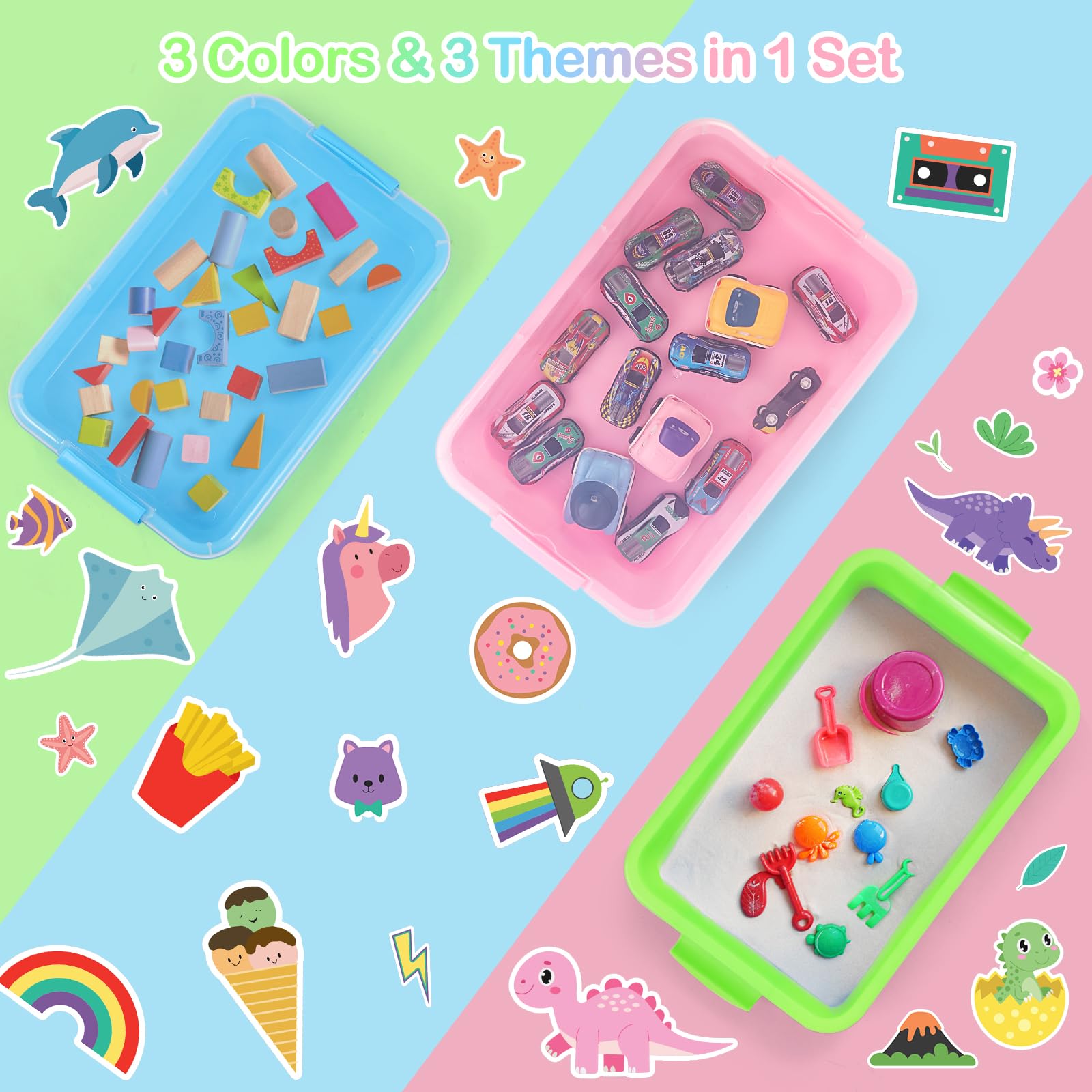 FIIOEOY 3 Pcs Sensory Bin Sand Tray with Lid & 3 Stickers, Stackable Plastic Storage Containers, Portable Sandbox Toy, Organizers for Toys, Sand, Arts, Crafts (Blue, Green, Pink)