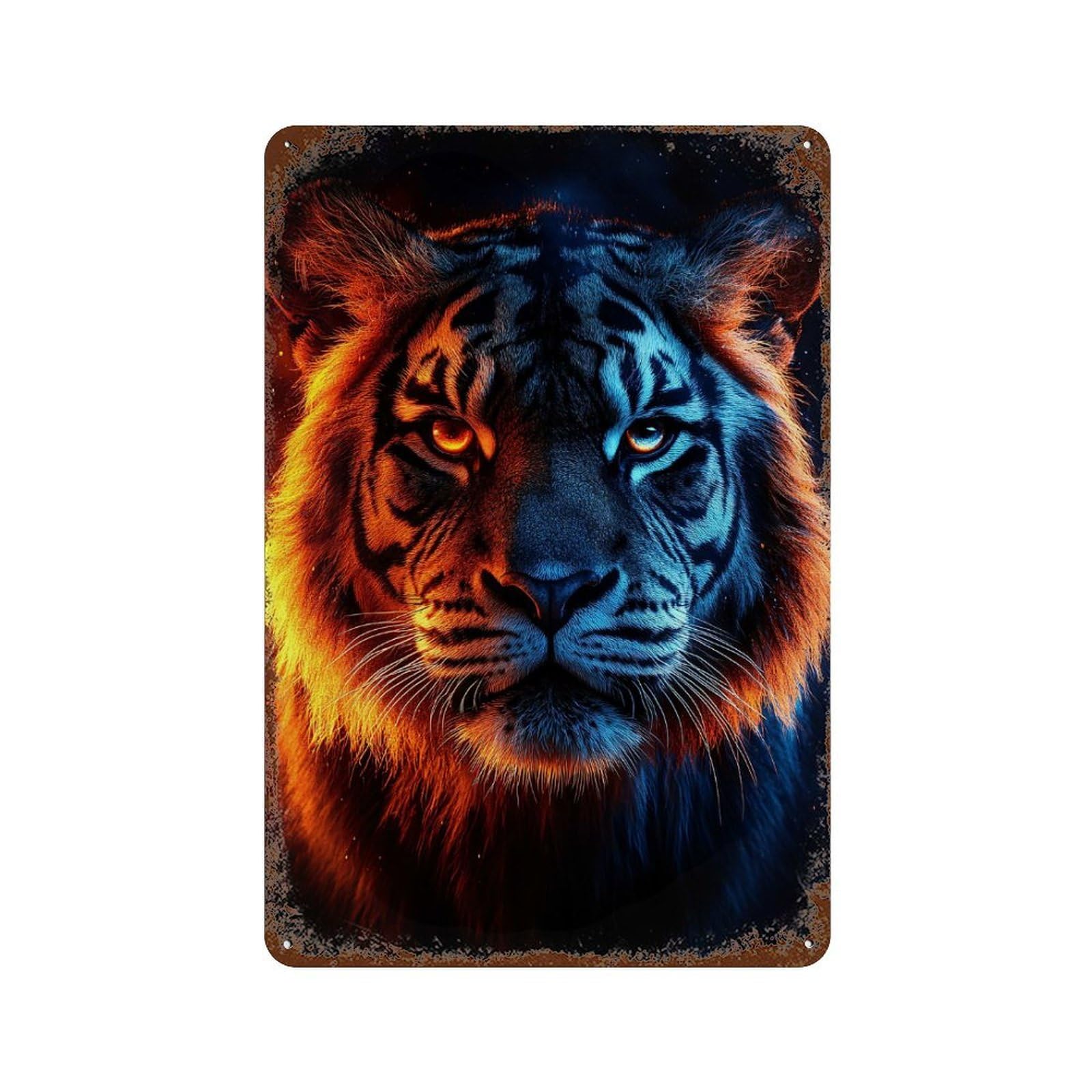 Fiery And Icy Tiger Portrait Vintage Metal Tin Sign 11.8"x7.9", Farmhouse Wall Decor for Garage, Bar And Workshop Decor