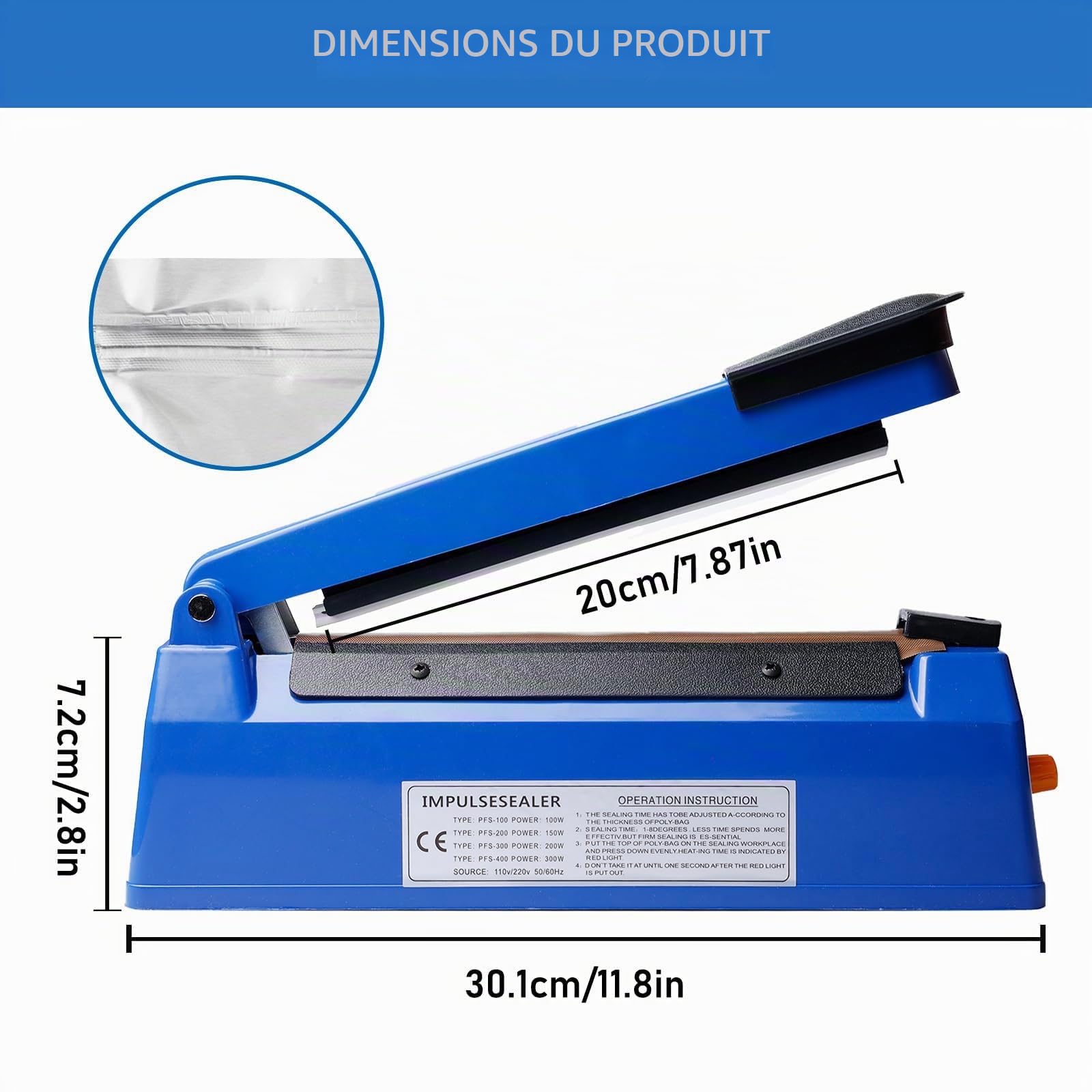 Machine à sceller à chaud, 300 mm, mini machine à souder pour sacs en plastique, machine à sceller à chaud manuelle, machine à souder pour films plastiques thermoplastiques