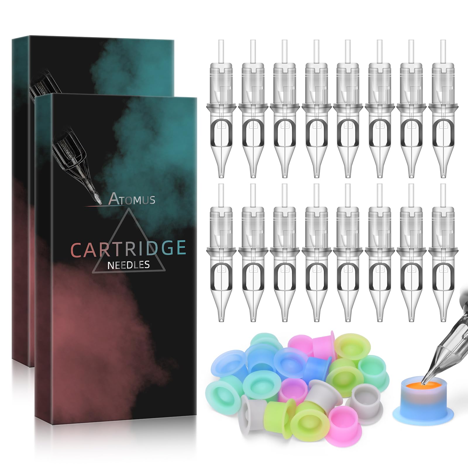 ATOMUS 20pcs Tattoo Cartridge Needles 1001RL with 20pcs Silicone Ink Cups for Tattoo Gun Pen Liner Pattern Permanent Eyebrow