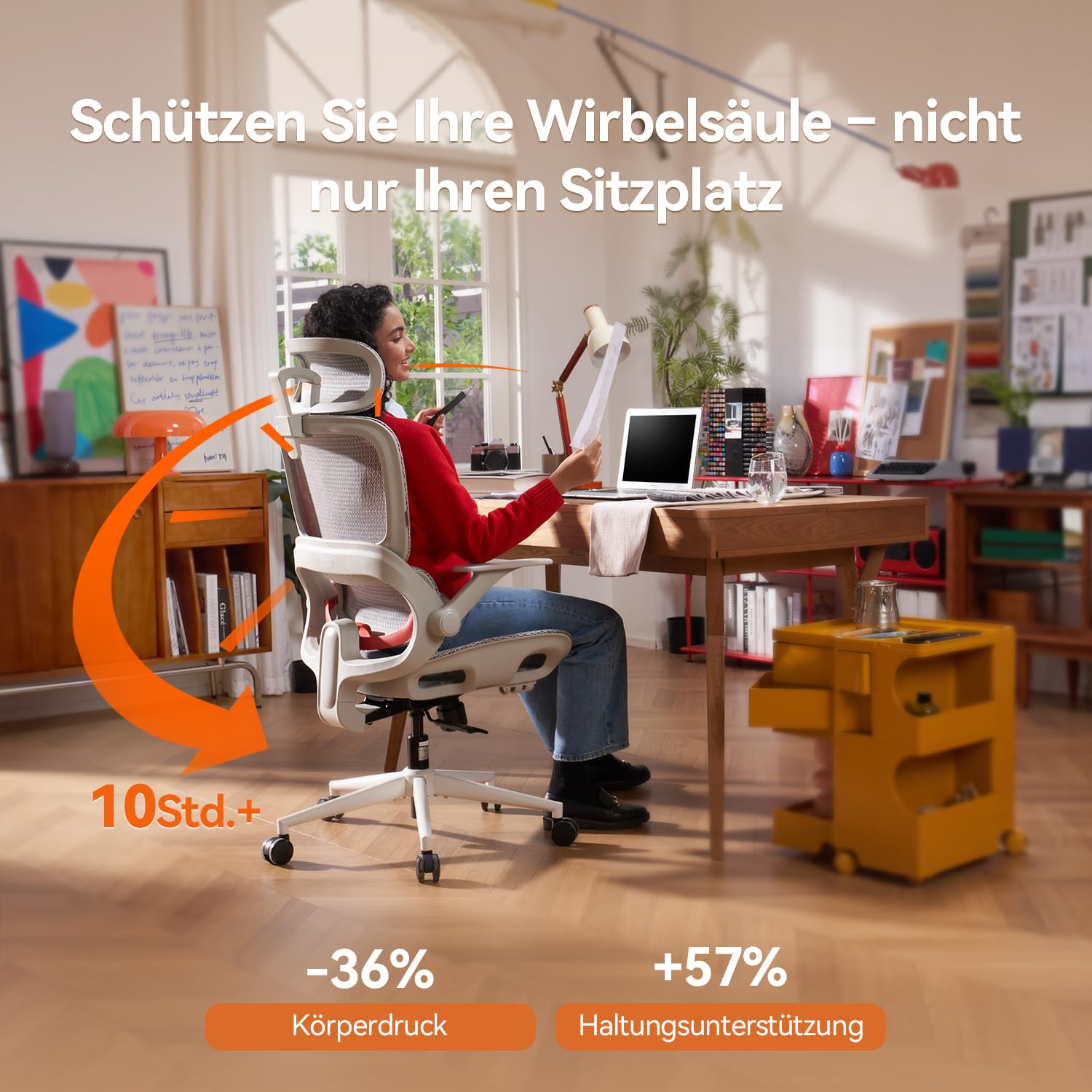 SIHOO Bürostuhl Ergonomisch mit 4D Lordosenstütze, Kopfstütze & Klappbaren Armlehnen, Neigung 90-135°, Weiß