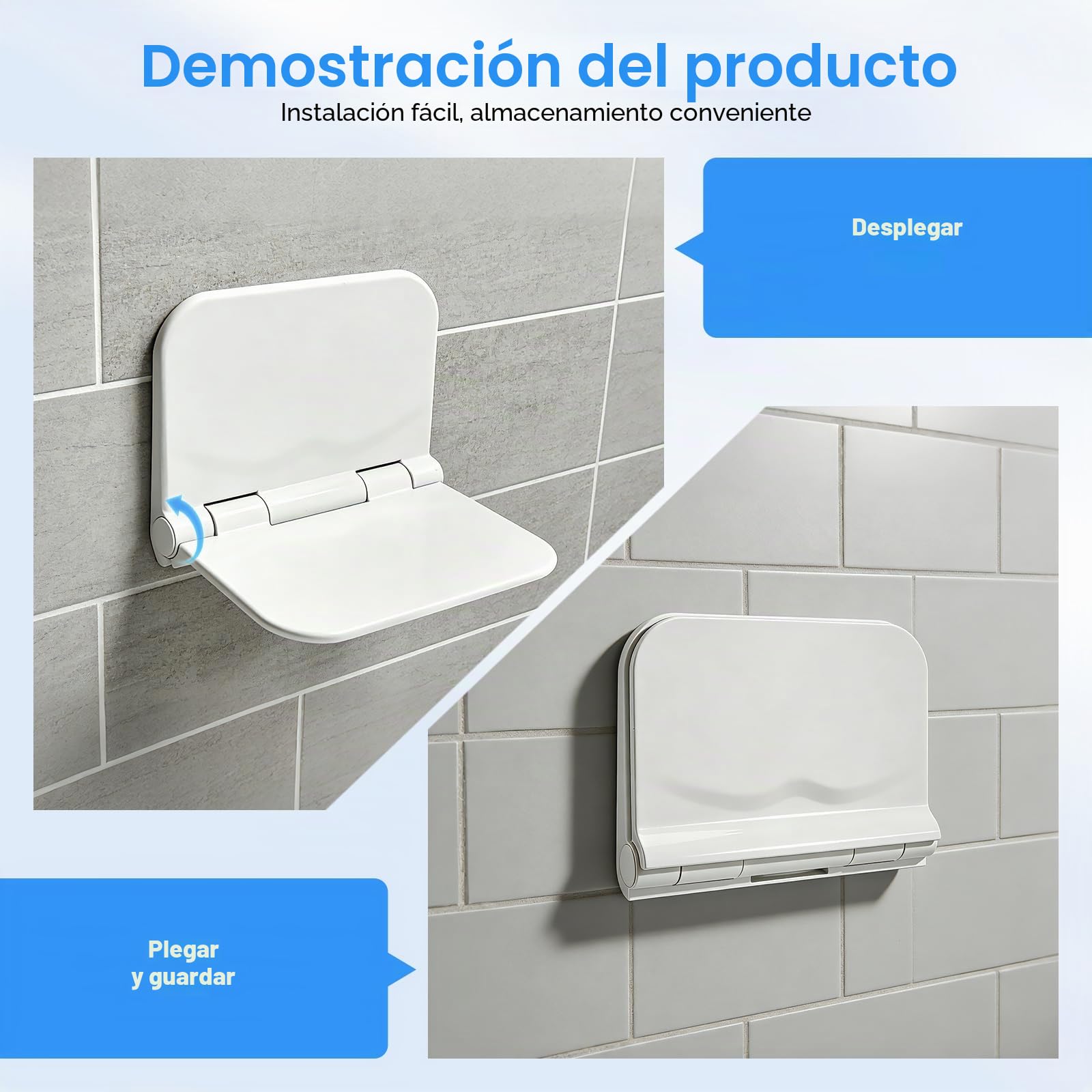 Asiento de ducha plegable de pared, Capacidad de carga 150 kg, asiento de ducha alargado y engrosado para personas mayores y discapacitadas, taburete de ducha antideslizante para baños,38 x 29,5 cm
