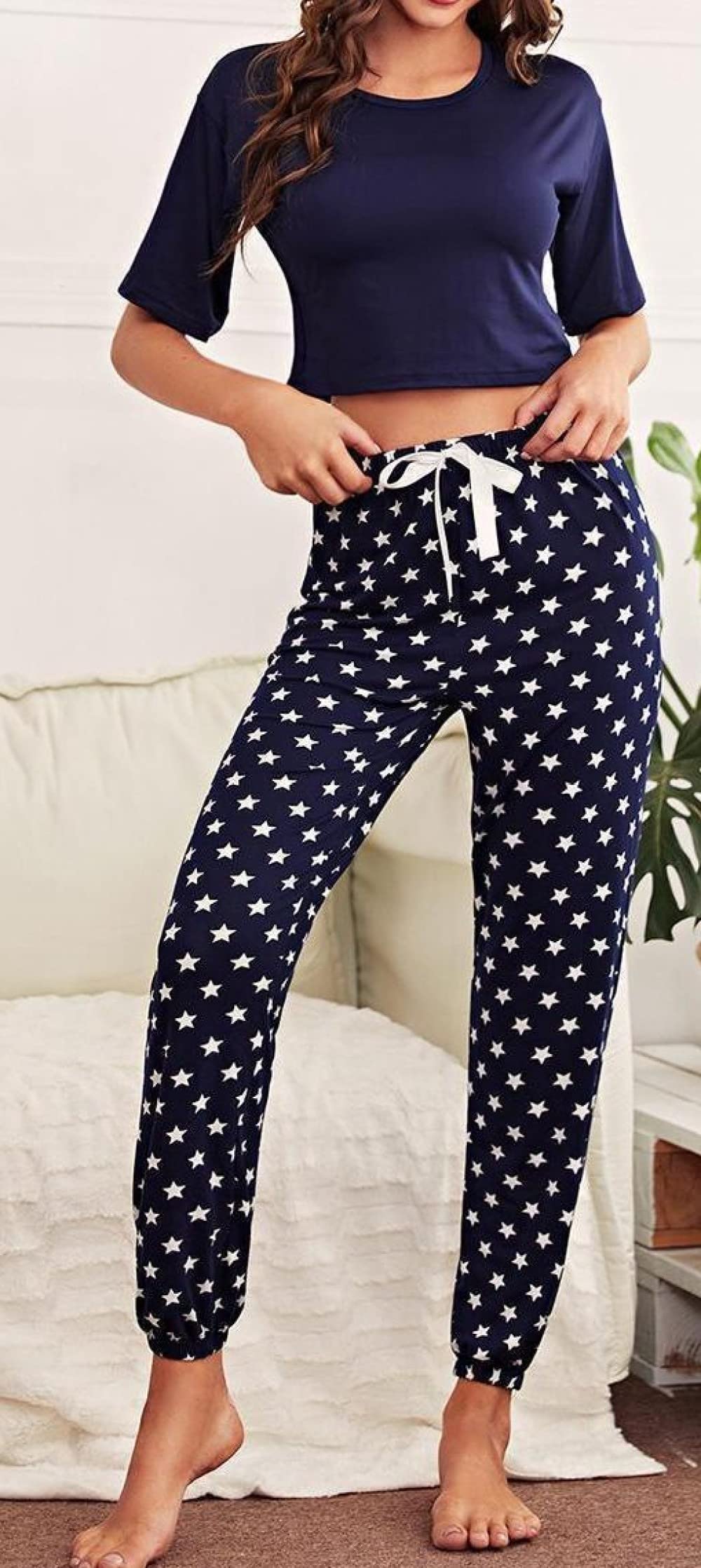 Donna Pigiama Estivo Due Pezzi,Blu Top Polka DOT Pants Womens Estate Manica Corta Pigiama 2 Pezzi Set Morbido Pigiama alla Moda Loungewear Regalo Festa della Mamma per Moglie Fidanzata Mamma