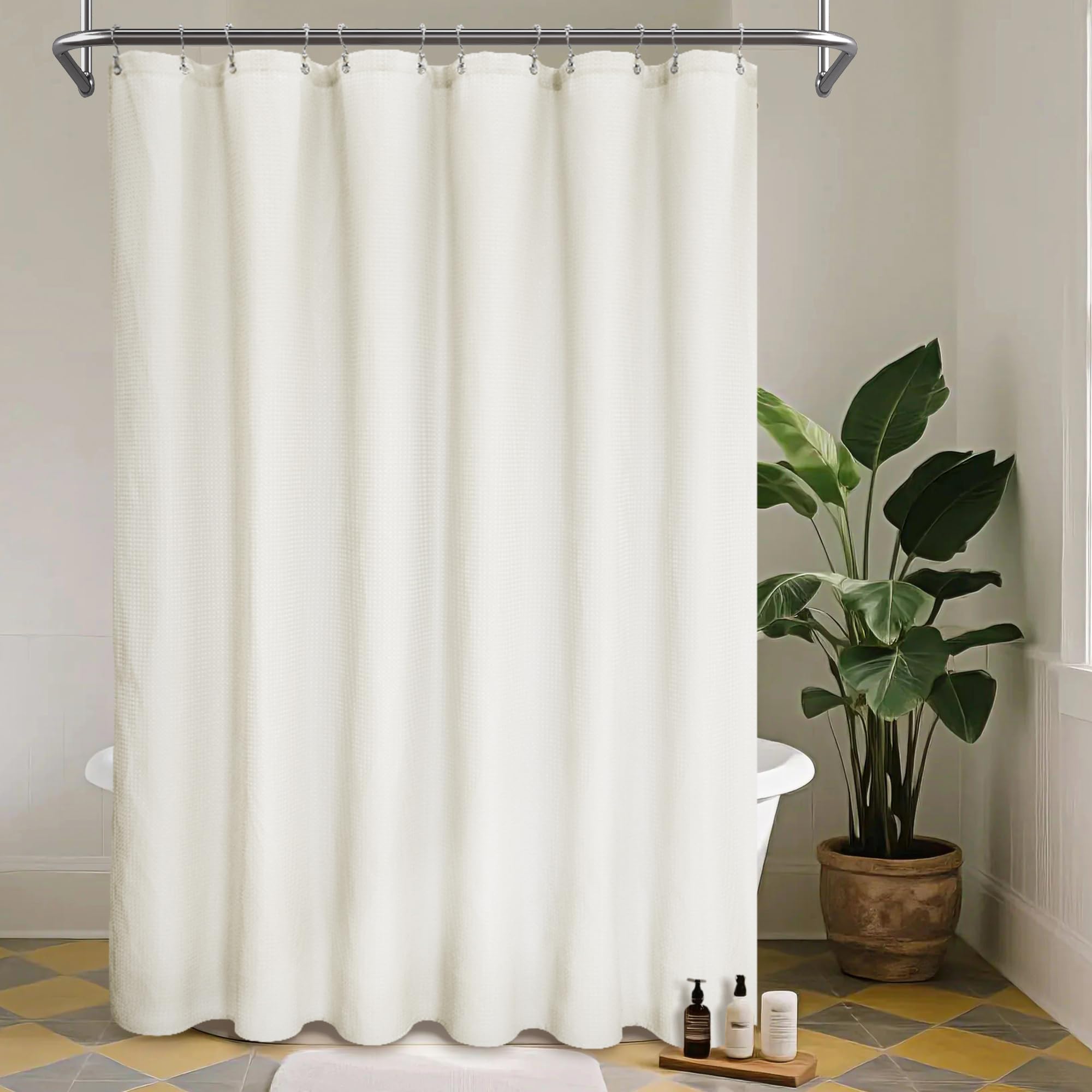Barossa Design Waffle Weave Fabric Shower Curtain Heavyweight 230 GSM, Hotel Luxury, Water Repellent, Washable, Cream Diamond Pattern Pique for