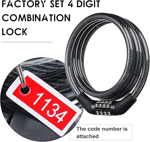 Miniatura 3 de Cable de bloqueo de bicicleta con combinación, bloqueo de bicicleta preestablecido en espiral de 4 pies de alta seguridad, cerradura de bicicleta de