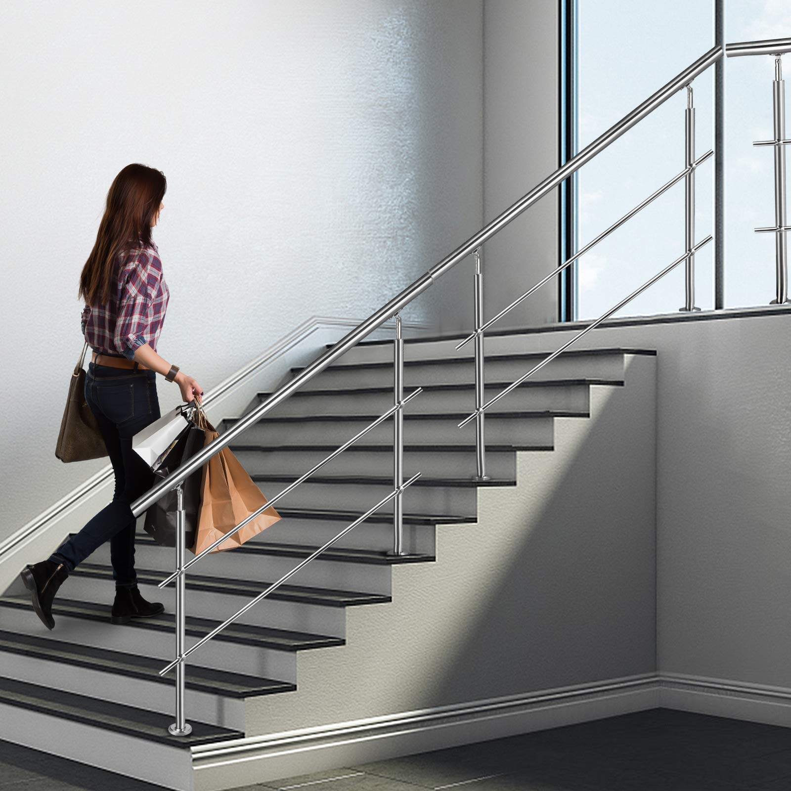 Aufun Barandilla para Escaleras de acero inoxidable 100cm 2 Varillas Pasamanos escalera con kit de instalación para interior y exterior, balcón, Ancianos y niños