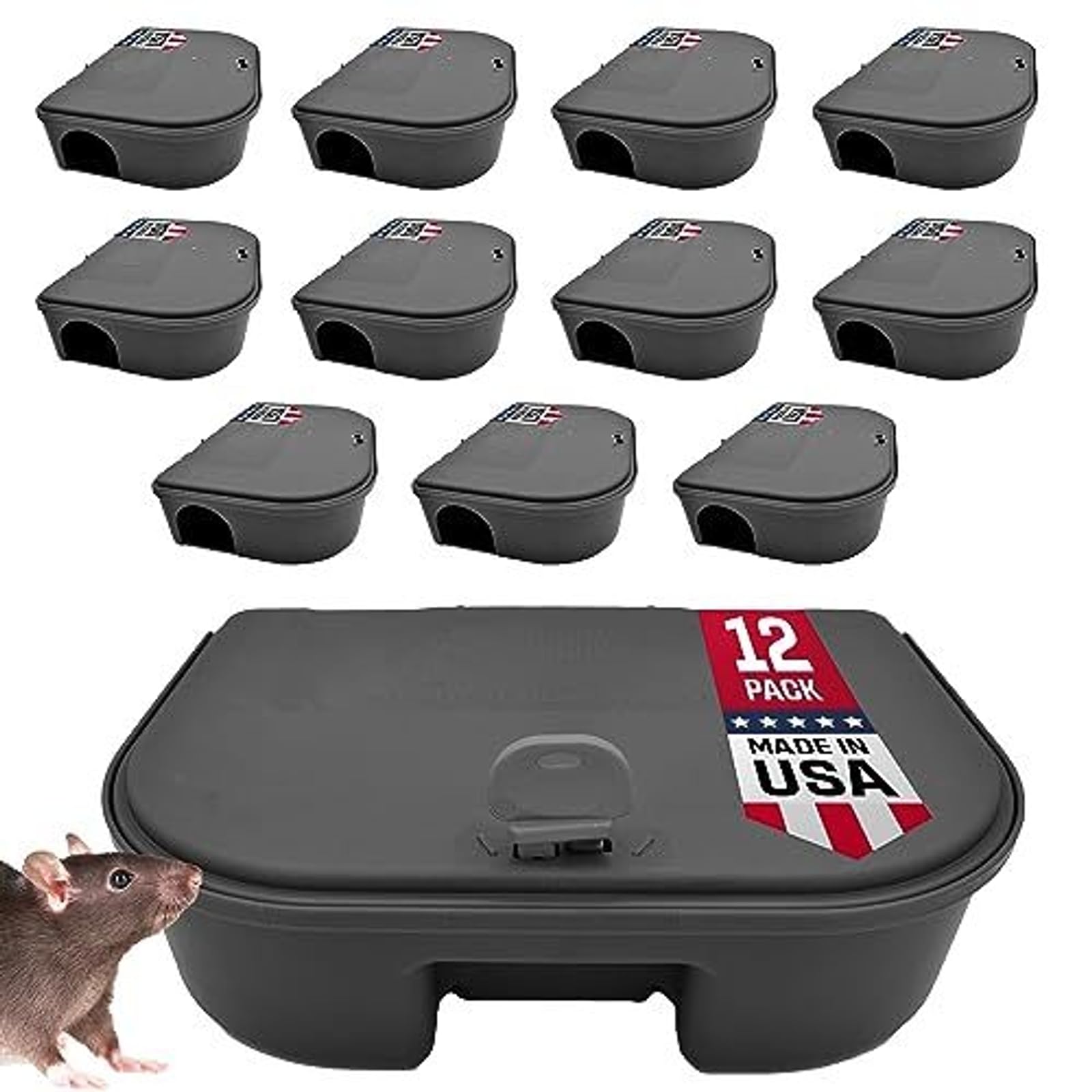 Compact Mouse Bait Station - Heavy-Duty Outdoor Rat Bait Box - Lockable Design with Key - Versatile Indoor & Outdoor Use - Pack of 12, Black, 4.75in x 3.5in x 1.25in